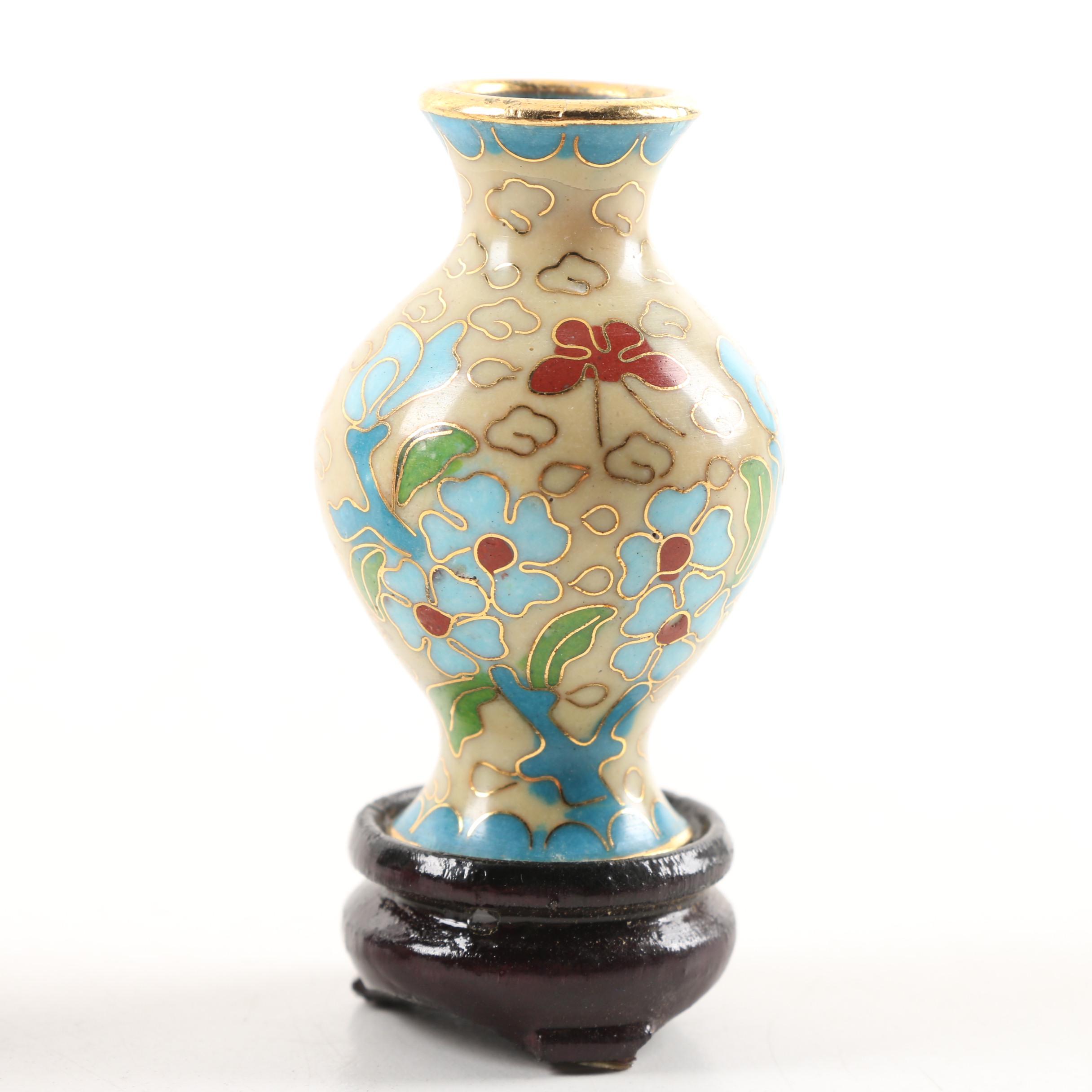 Three Miniature Cloisonne Vases With Carved Wood Stands
