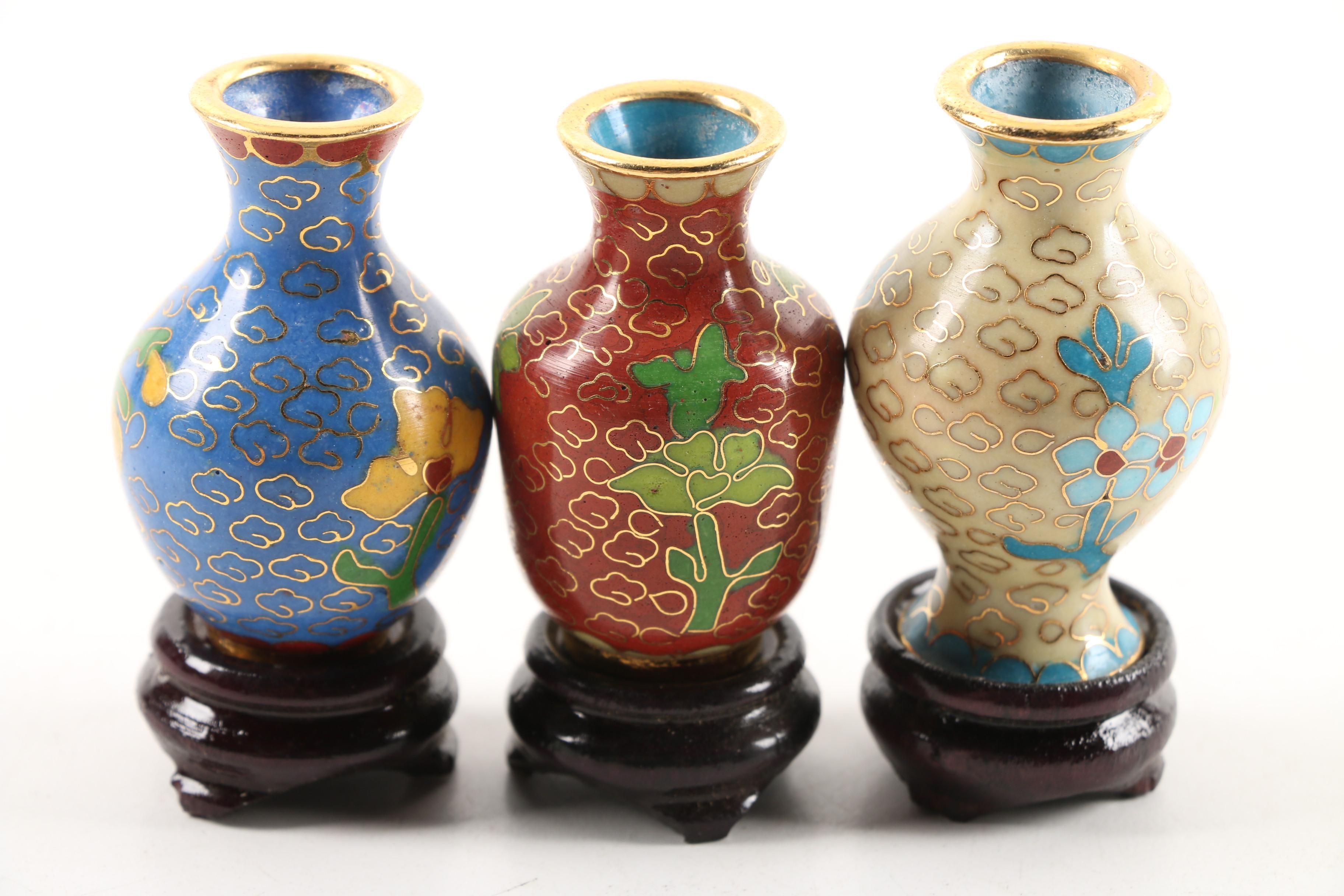 Three Miniature Cloisonne Vases With Carved Wood Stands