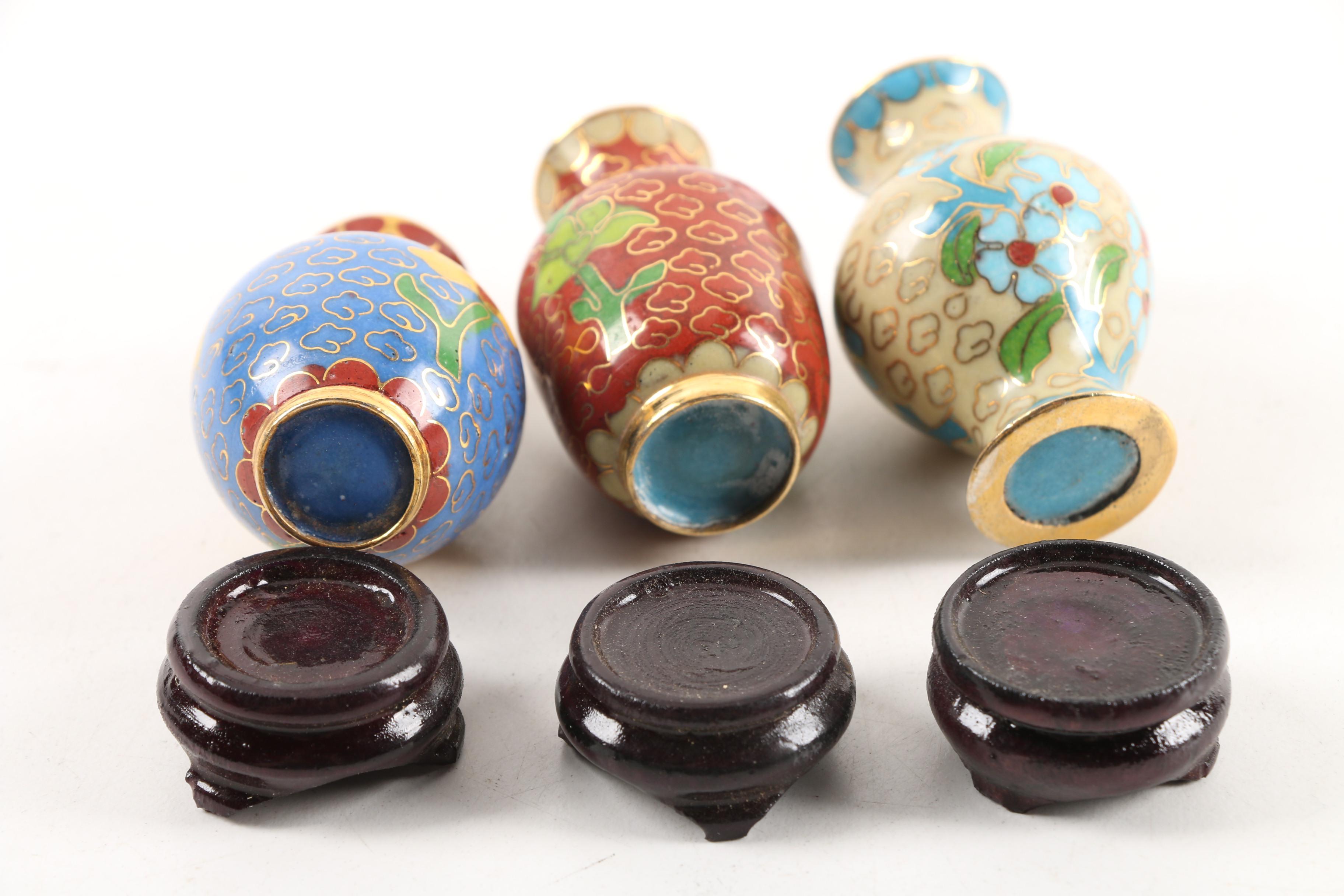 Three Miniature Cloisonne Vases With Carved Wood Stands