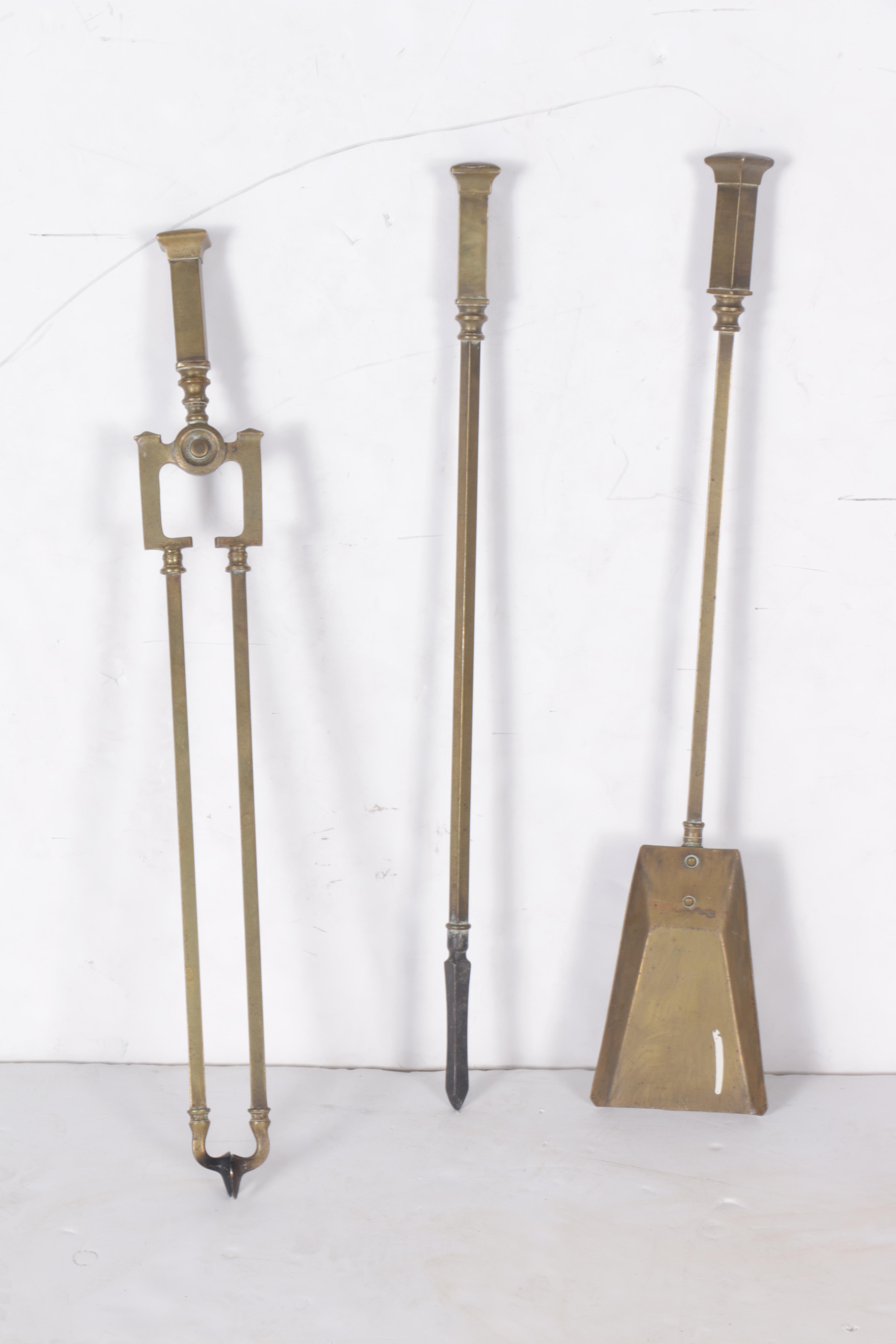 Vintage Brass and Metal Fireplace Tools and Andirons