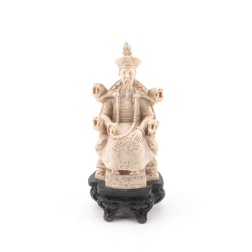 Chinese Seated Official Plastic Figurine on Wooden Base