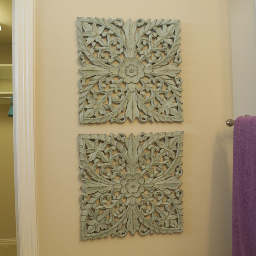 Distressed Aqua Finished Reticulated Floral Themed Wall Hangings