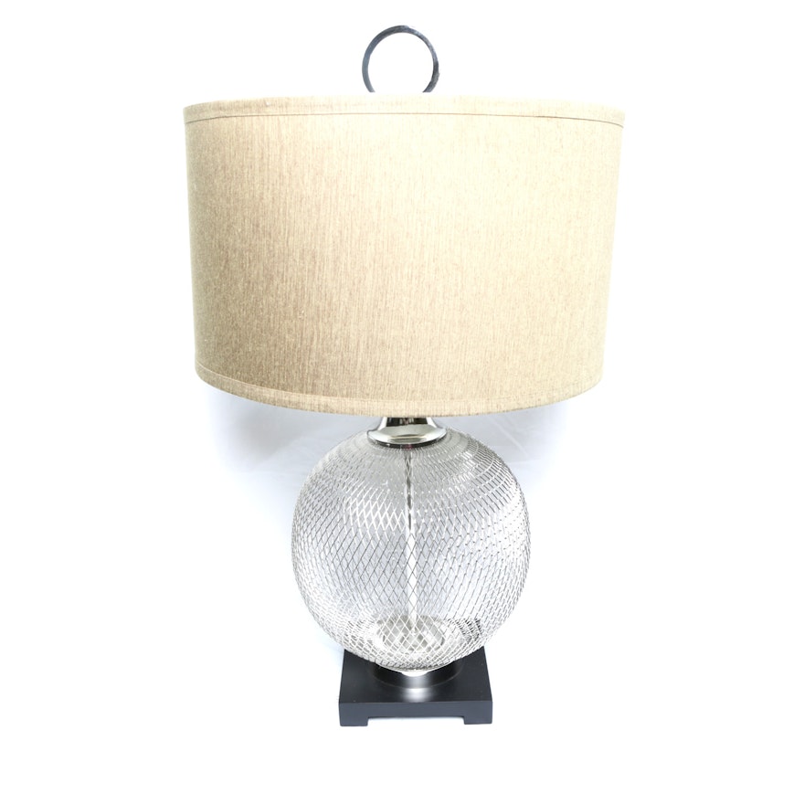 Silver Tone Metal Cage Table Lamp with Fabric Covered Shade