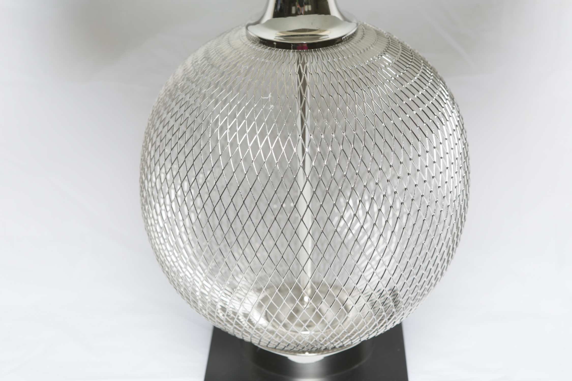 Silver Tone Metal Cage Table Lamp with Fabric Covered Shade