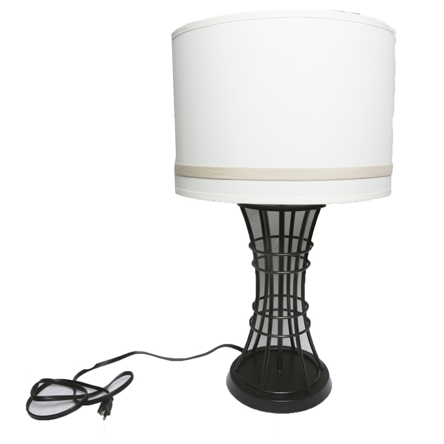 Black Finish Metal Cage Table Lamp with Fabric Covered Shade