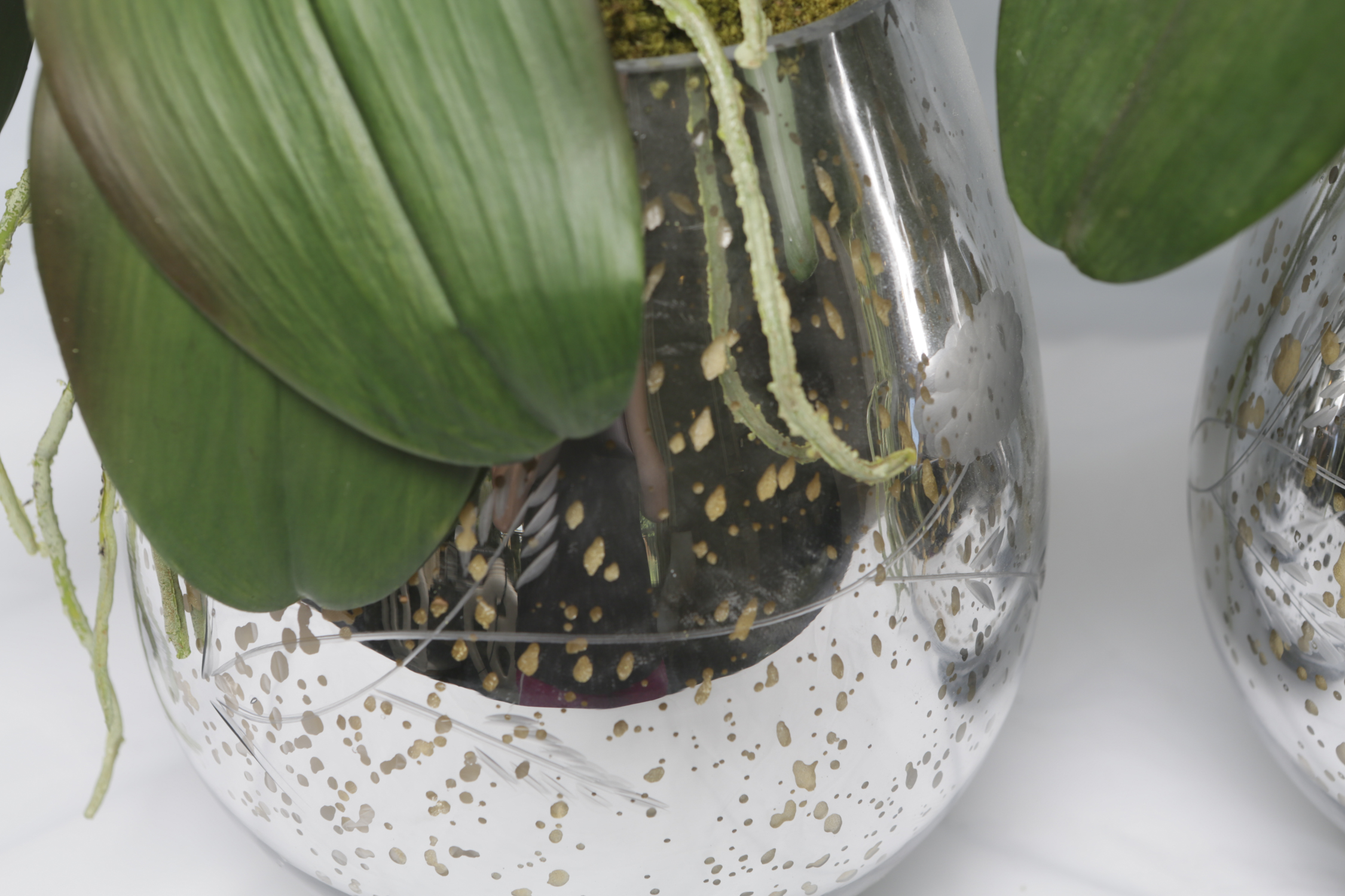 Faux Orchids in Decorative  Glass Pots