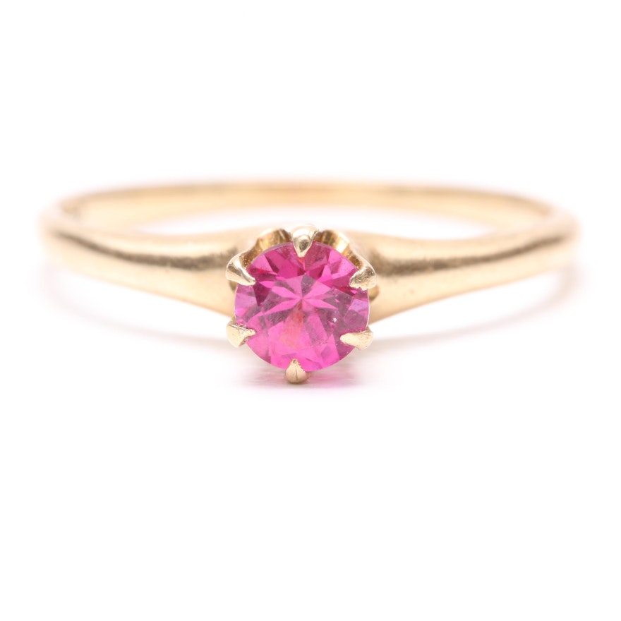 14K Yellow Gold Synthetic Ruby Solitaire Ring