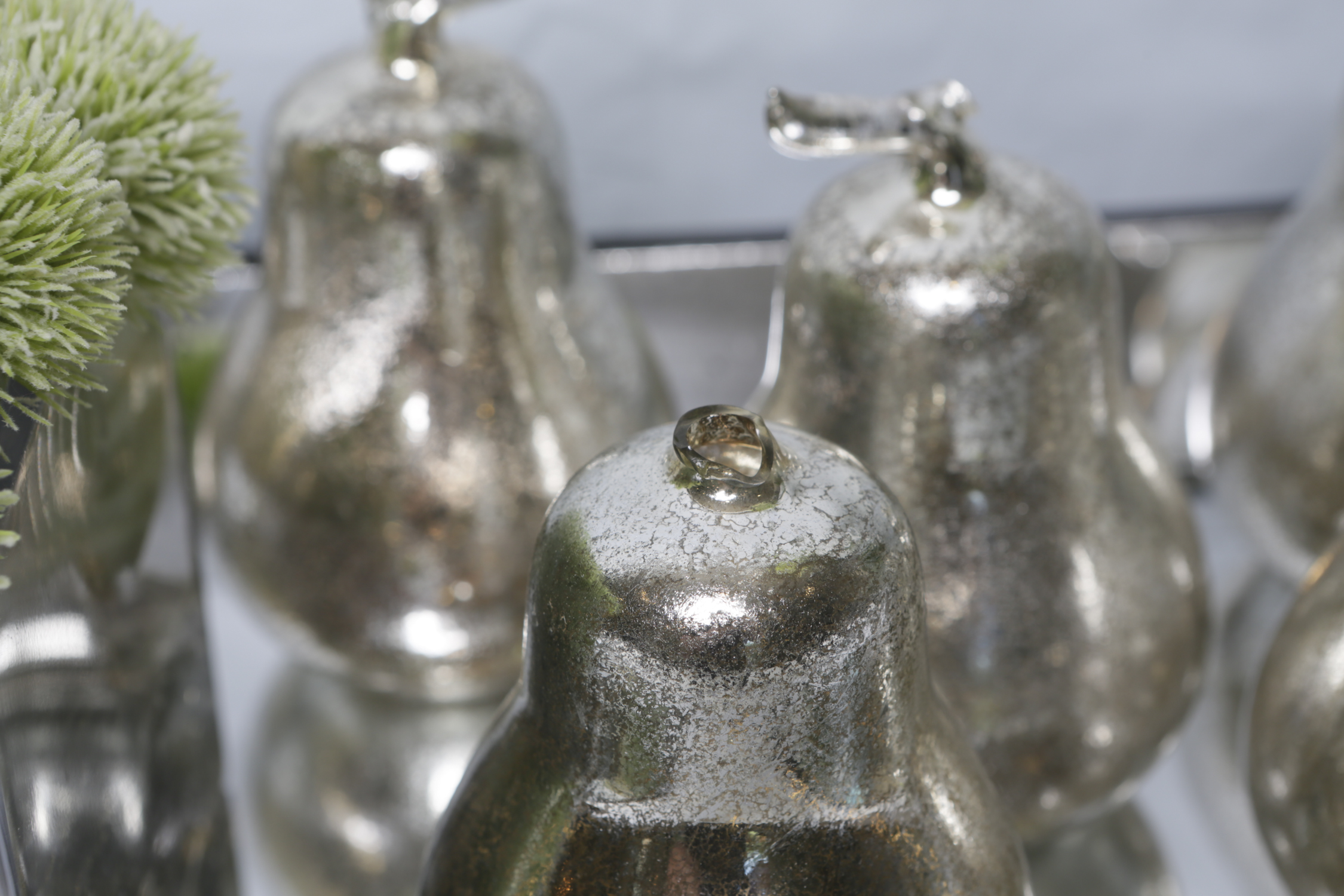 Mercury-Style Glass Jug and Pear Figurines with Faux Arrangements and Tray