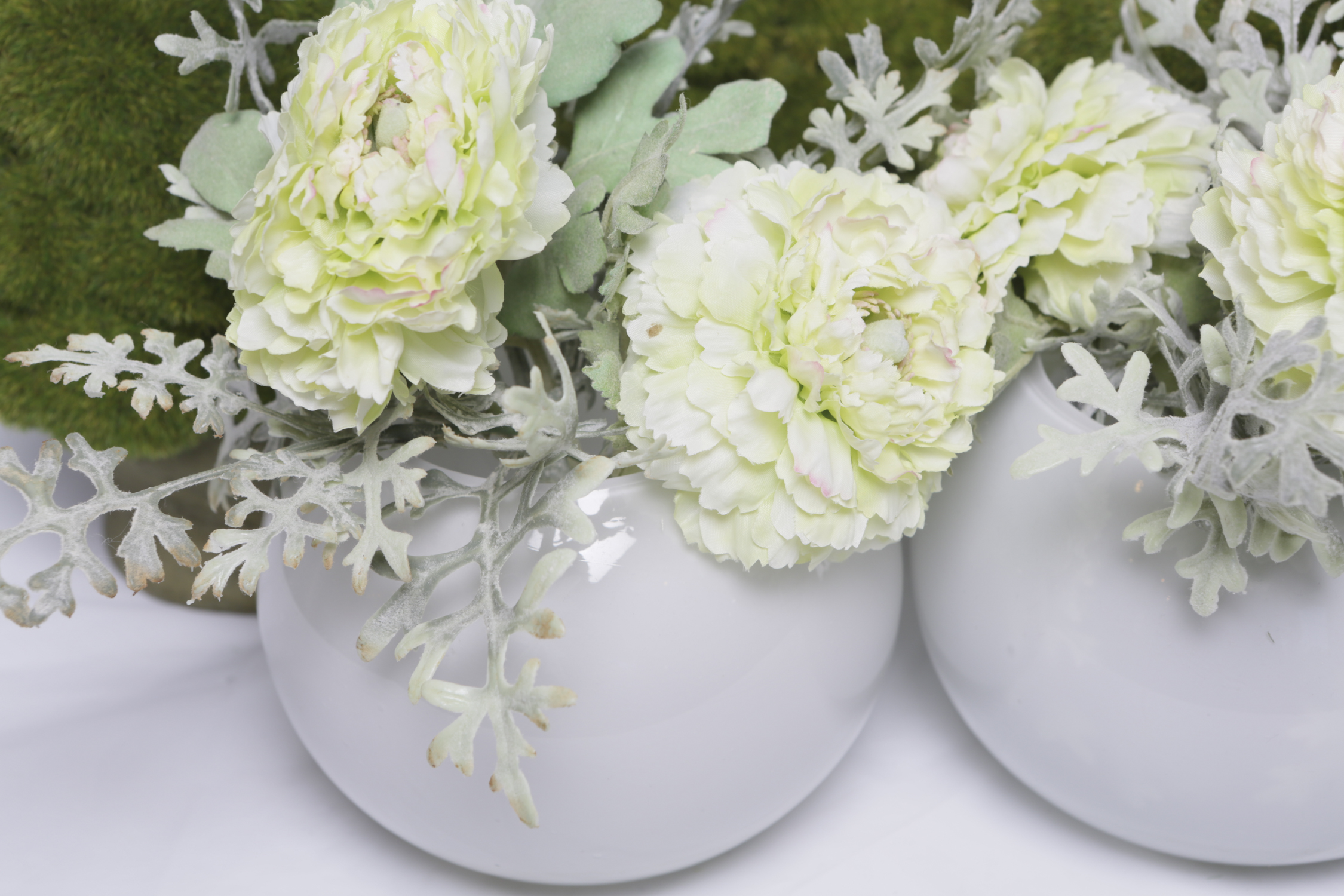 Faux Silk Carnations with Greenery and Ceramic Jars