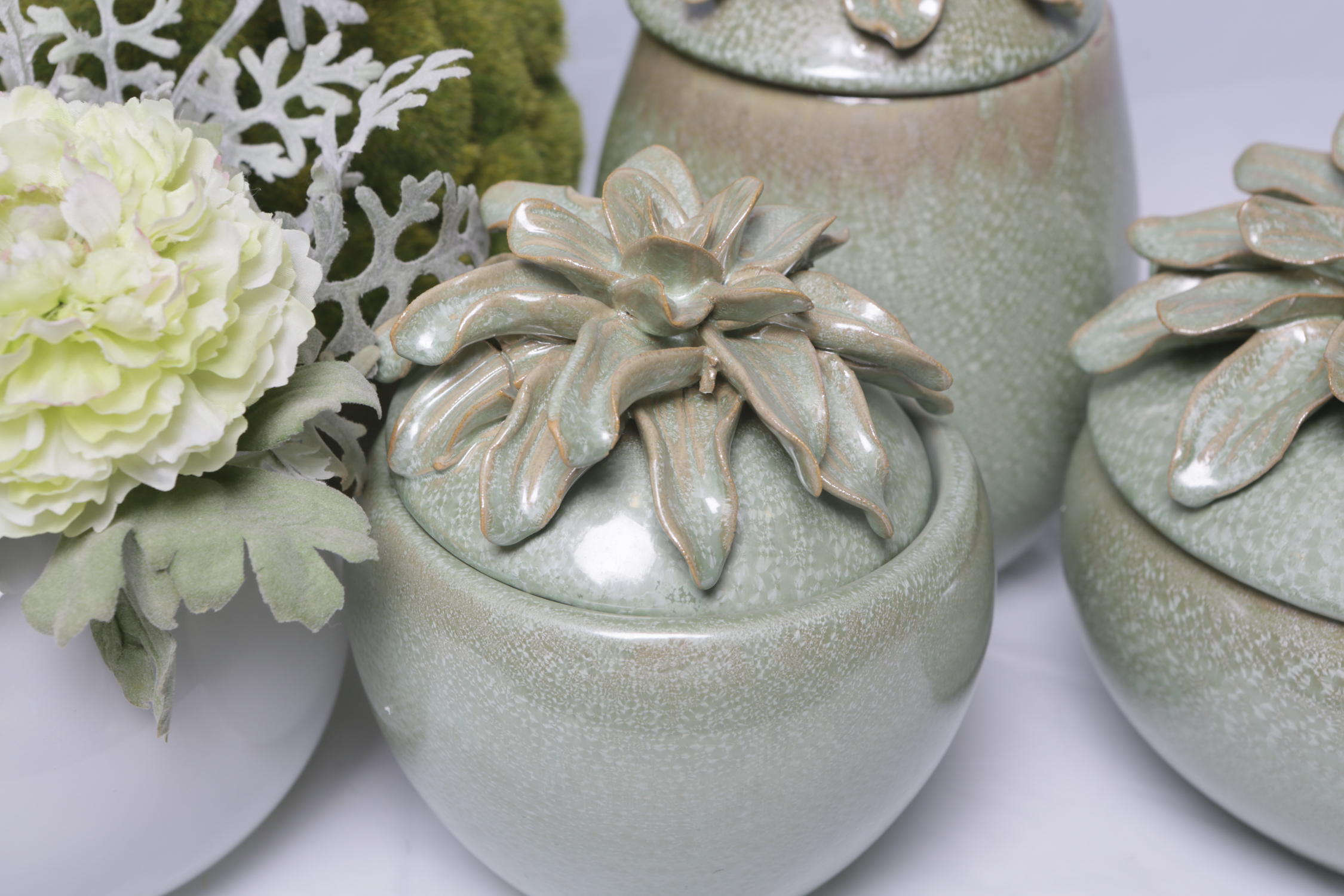 Faux Silk Carnations with Greenery and Ceramic Jars