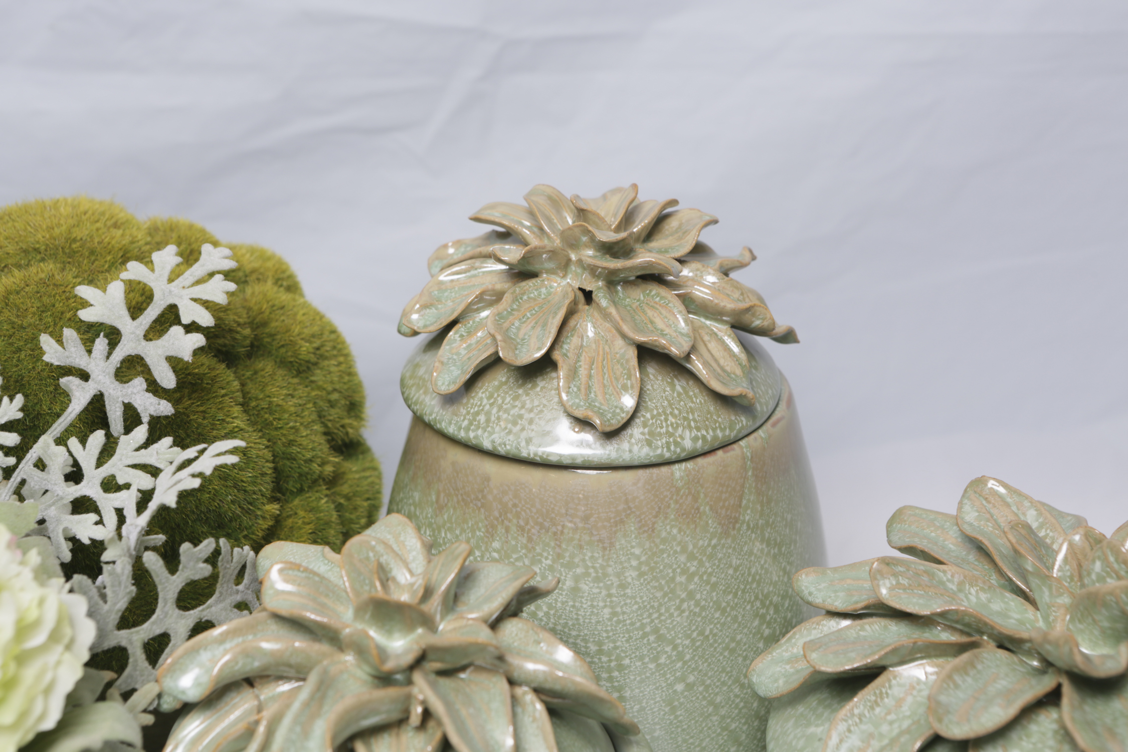 Faux Silk Carnations with Greenery and Ceramic Jars