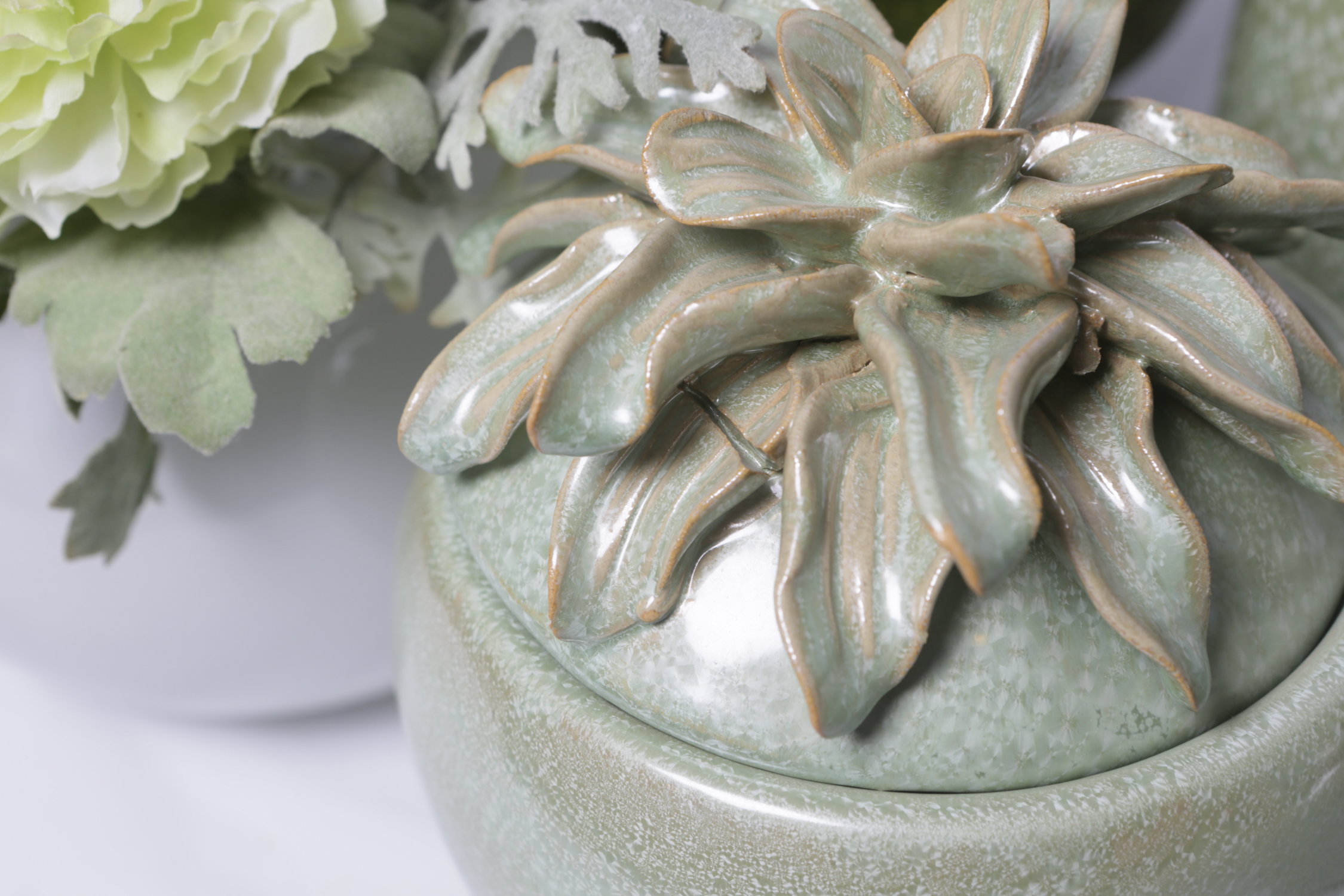 Faux Silk Carnations with Greenery and Ceramic Jars