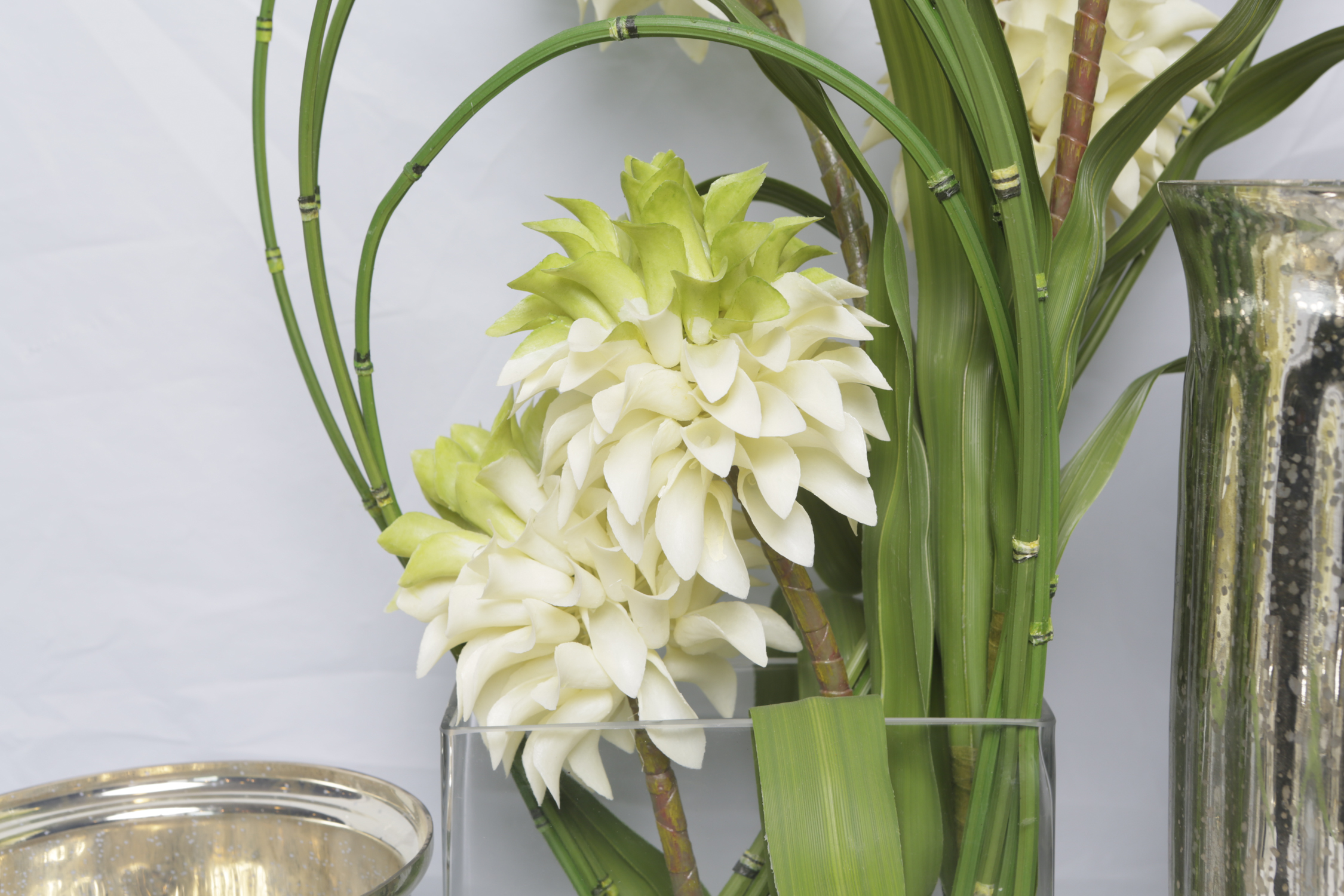 Vases with Glass, Mercury Glass and Artificial Florals