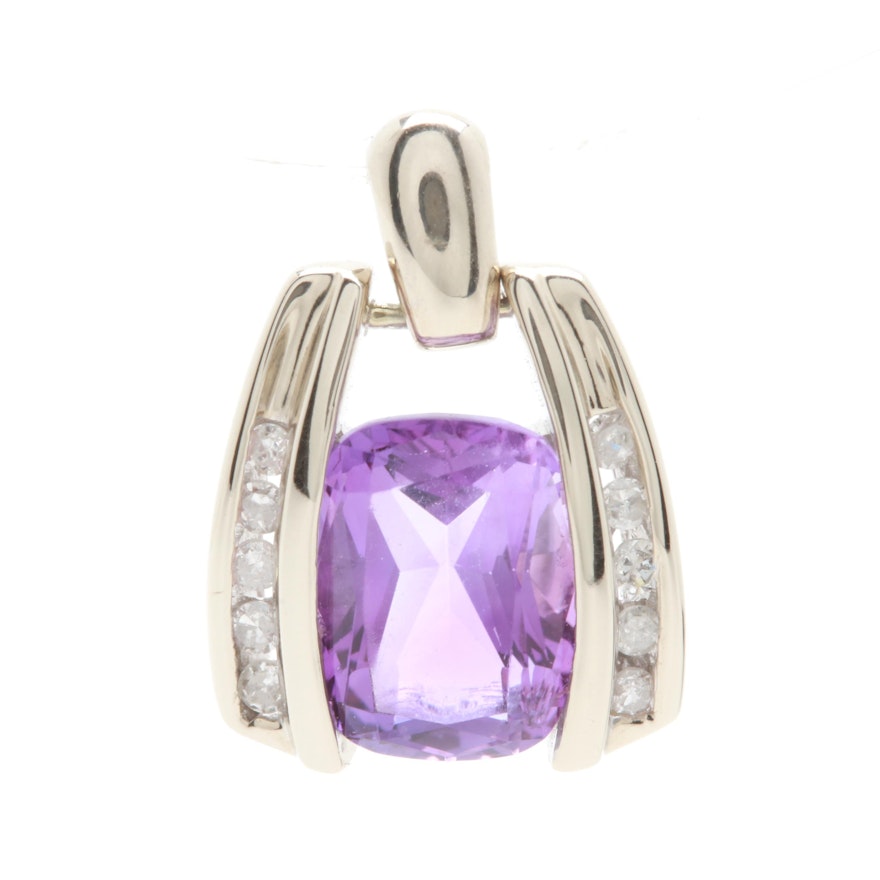 14K Yellow Gold Amethyst and Diamond Pendant