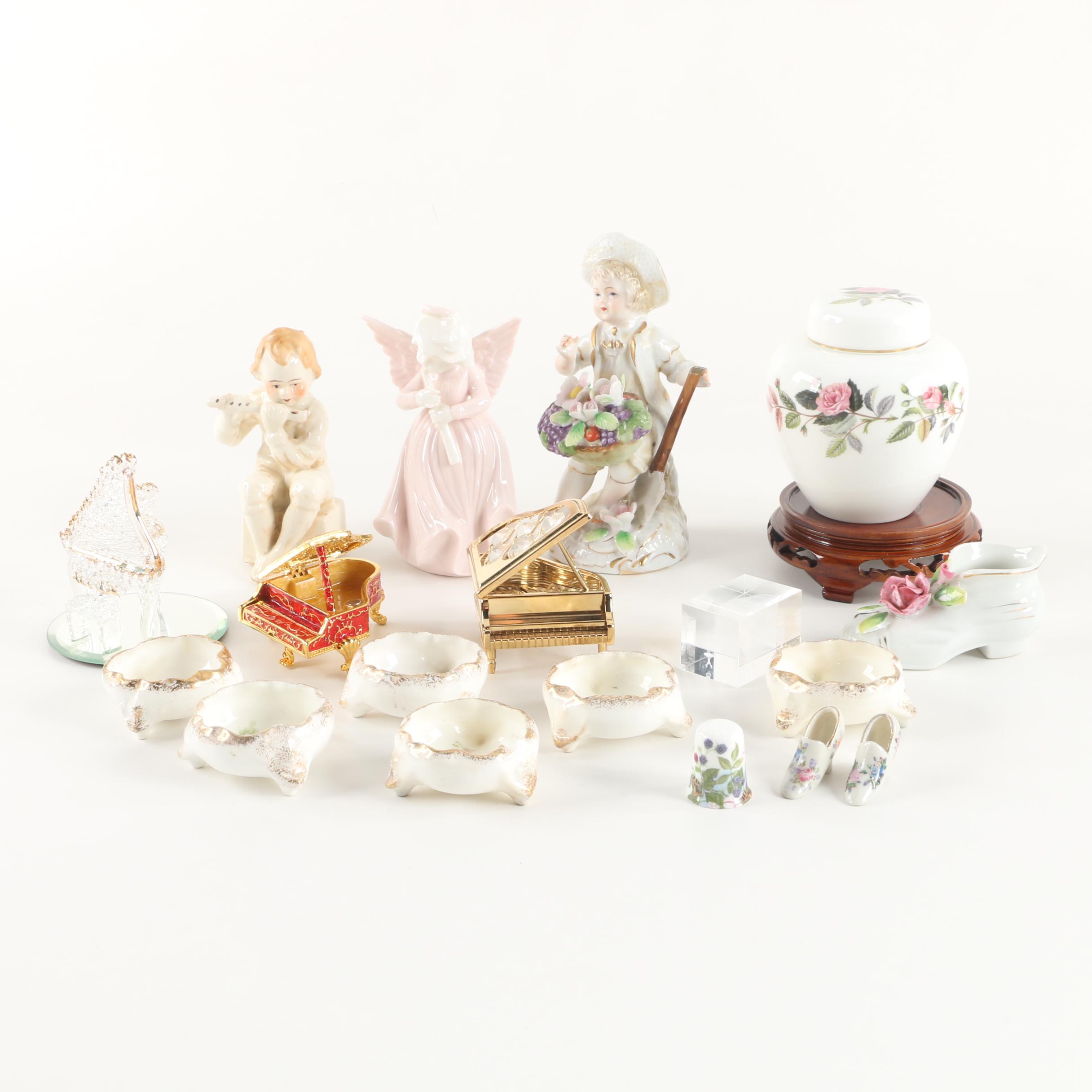 Wedgwood "Hathaway Rose" Ginger Jar with Figurines and Salt Cellars