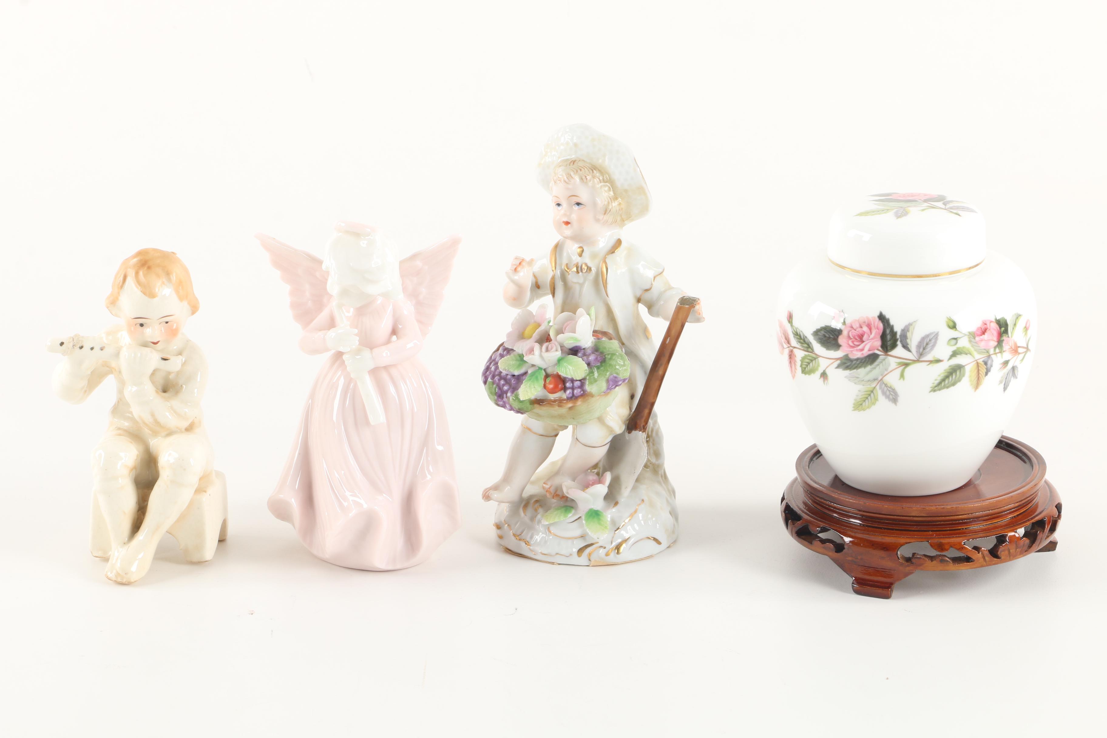 Wedgwood "Hathaway Rose" Ginger Jar with Figurines and Salt Cellars