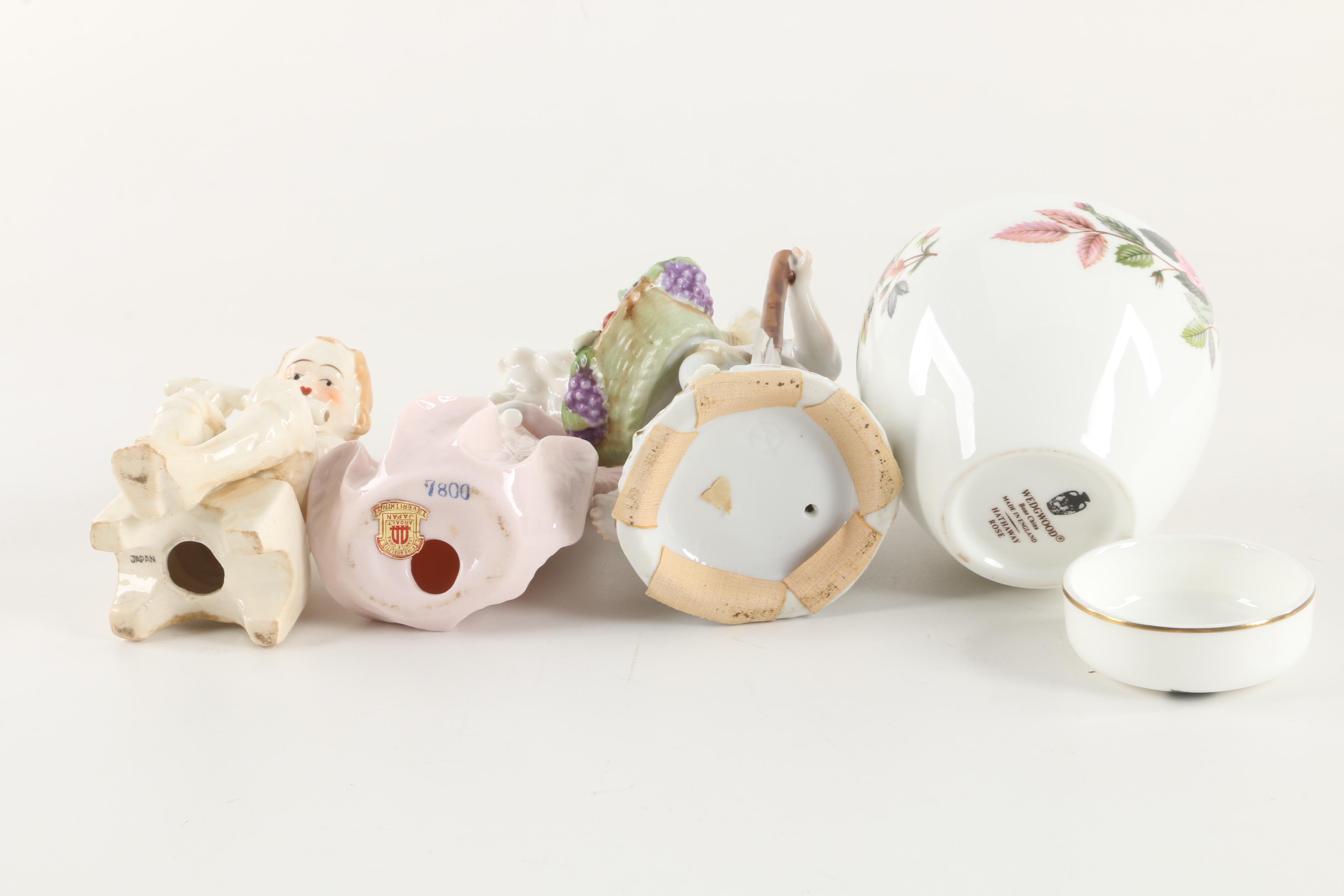 Wedgwood "Hathaway Rose" Ginger Jar with Figurines and Salt Cellars