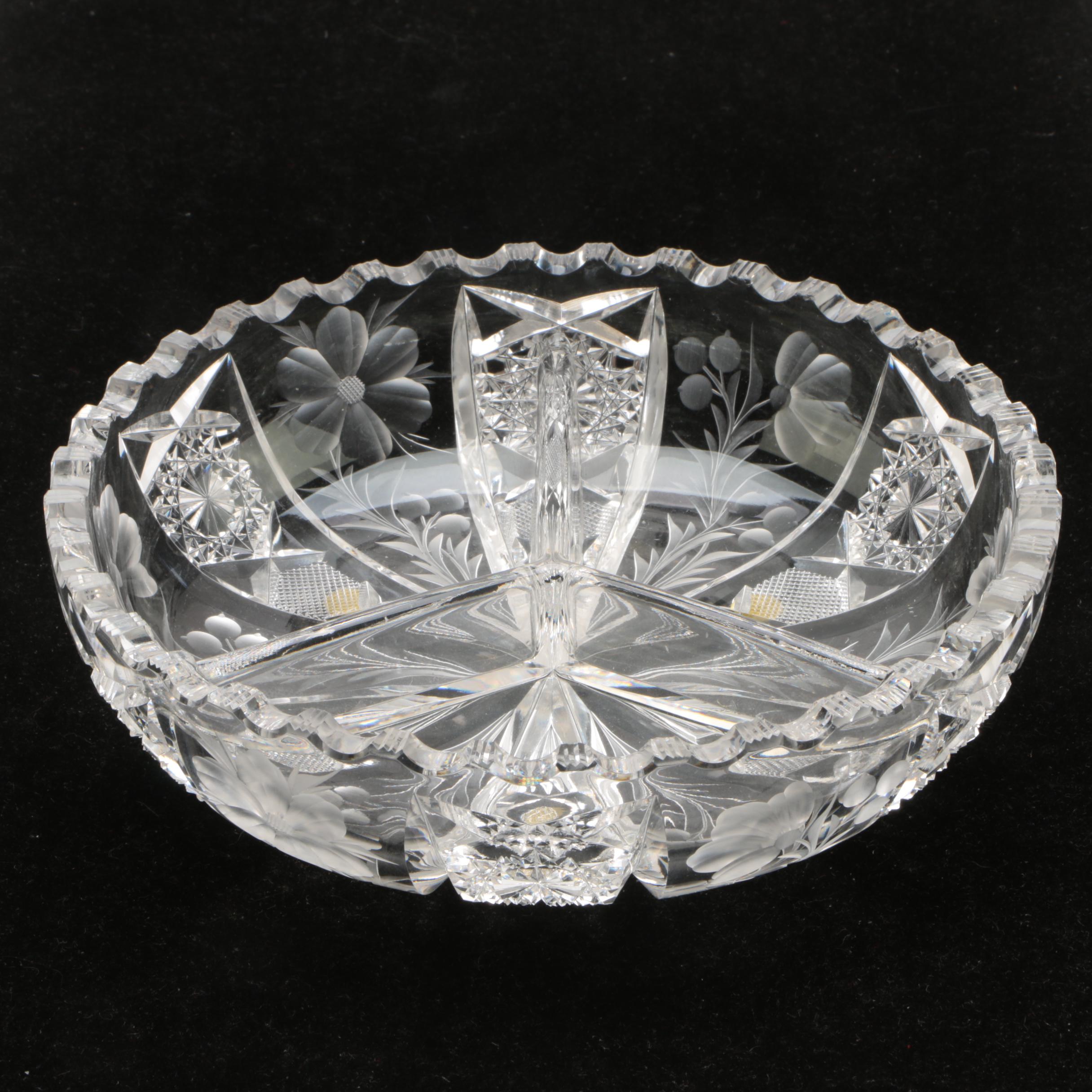Cut Glass Divided Dish with Etched Floral Motif