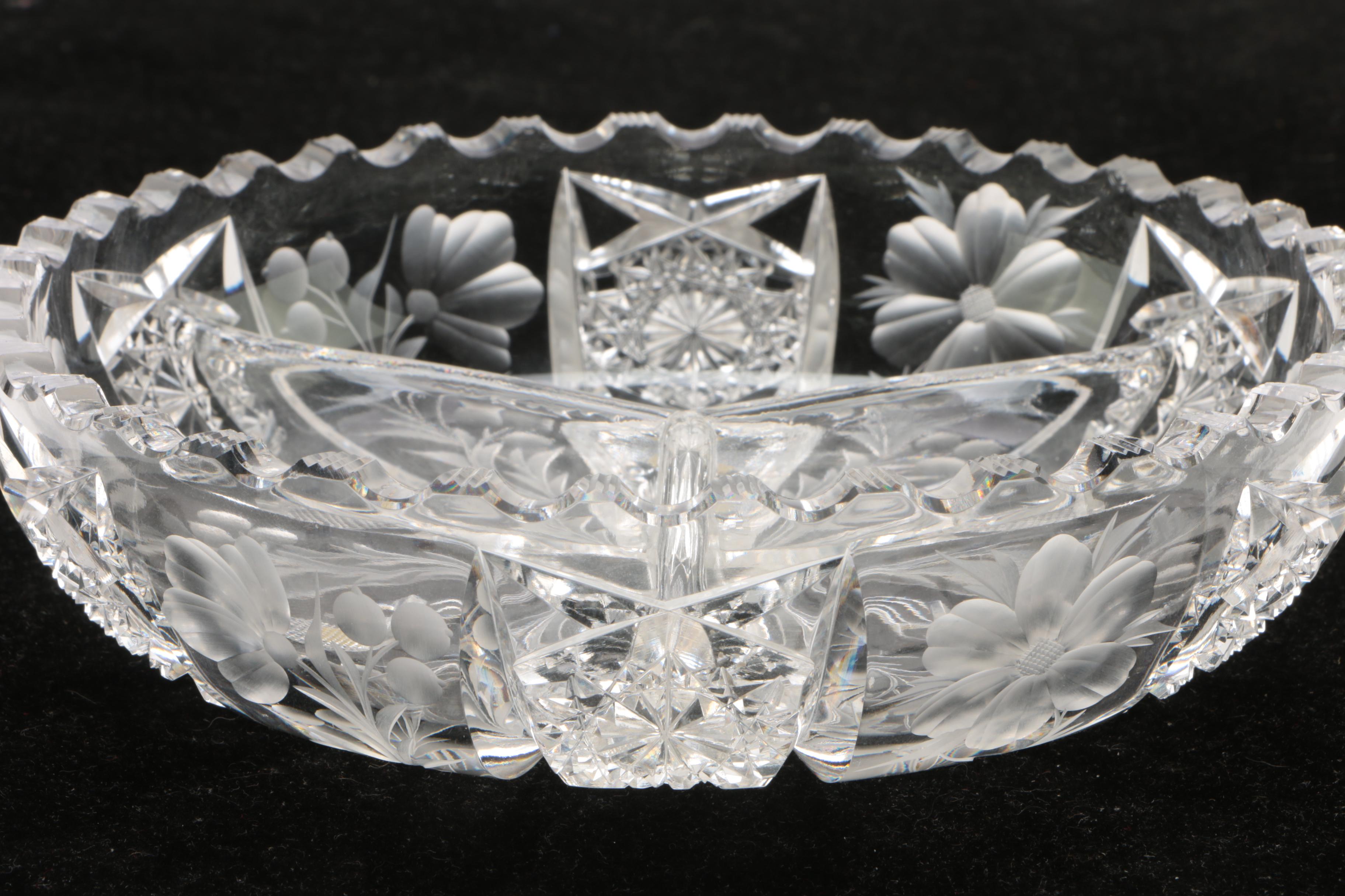 Cut Glass Divided Dish with Etched Floral Motif