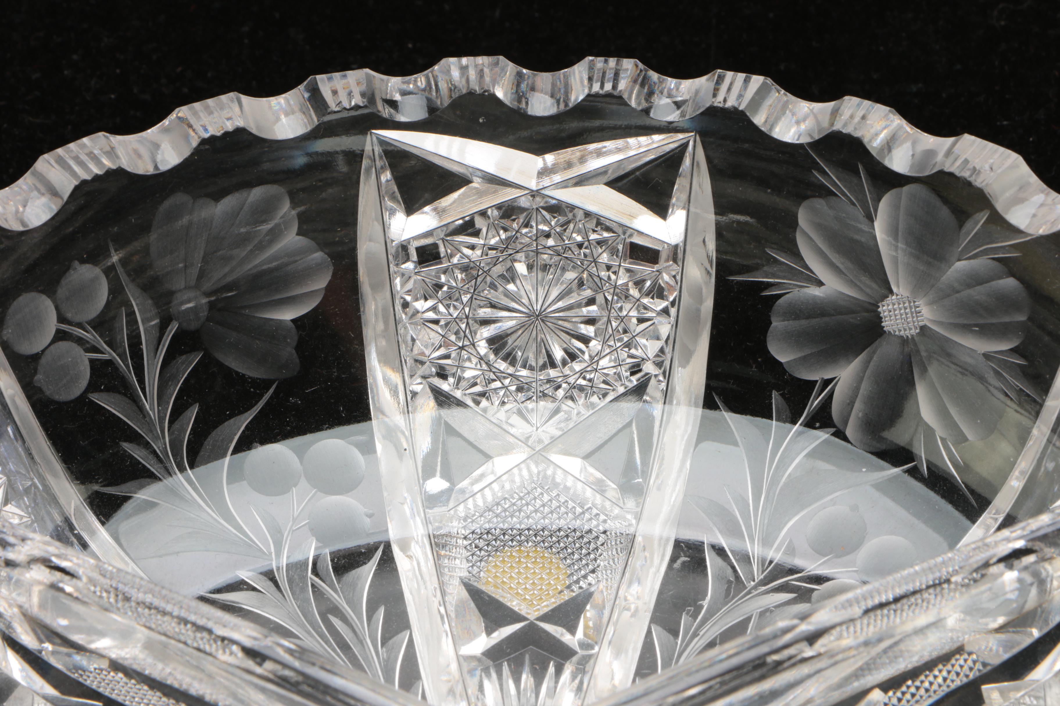 Cut Glass Divided Dish with Etched Floral Motif