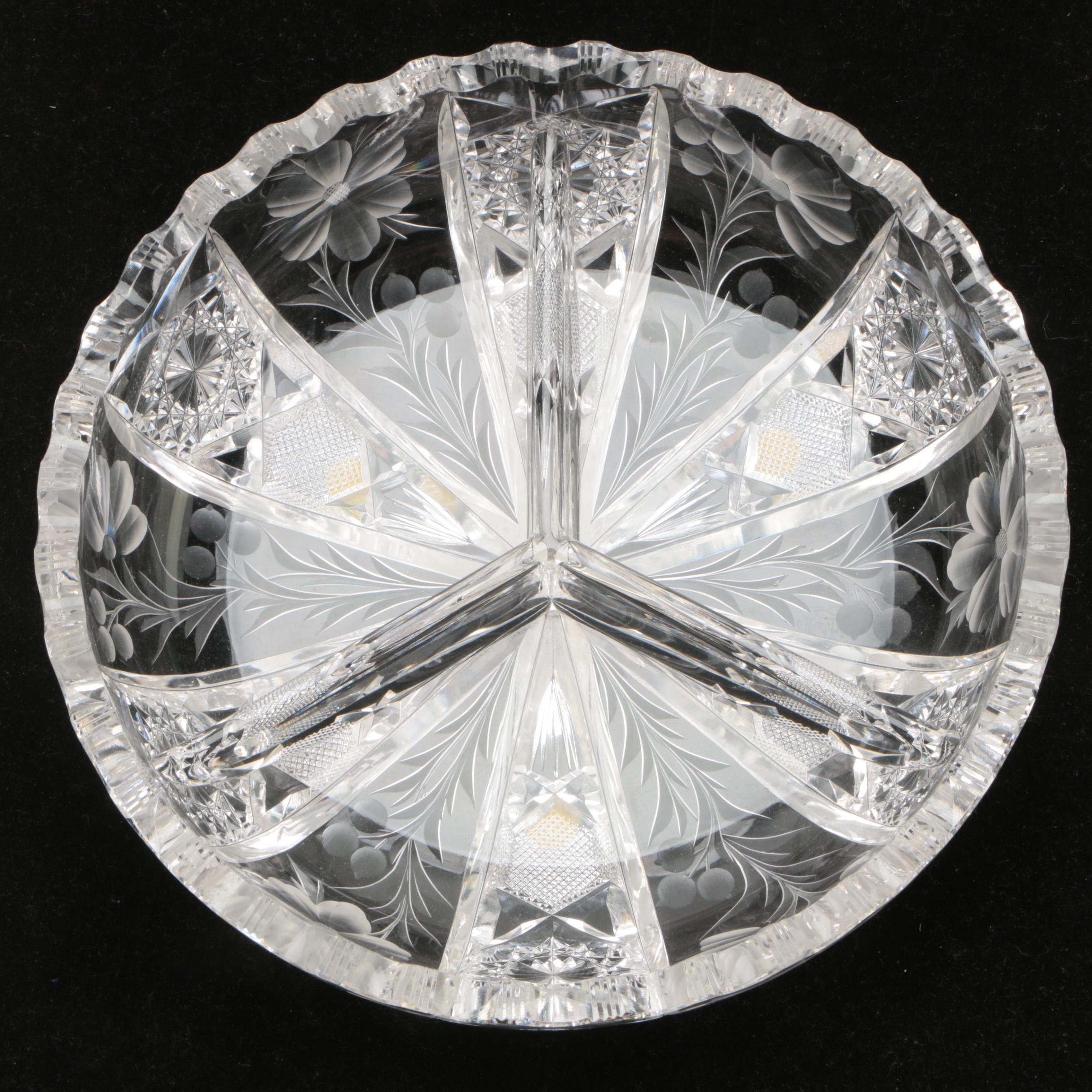Cut Glass Divided Dish with Etched Floral Motif