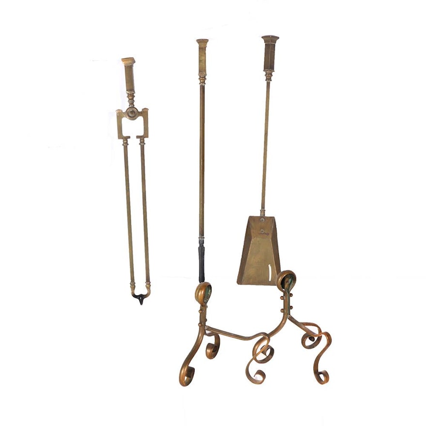 Vintage Brass and Metal Fireplace Tools and Andirons