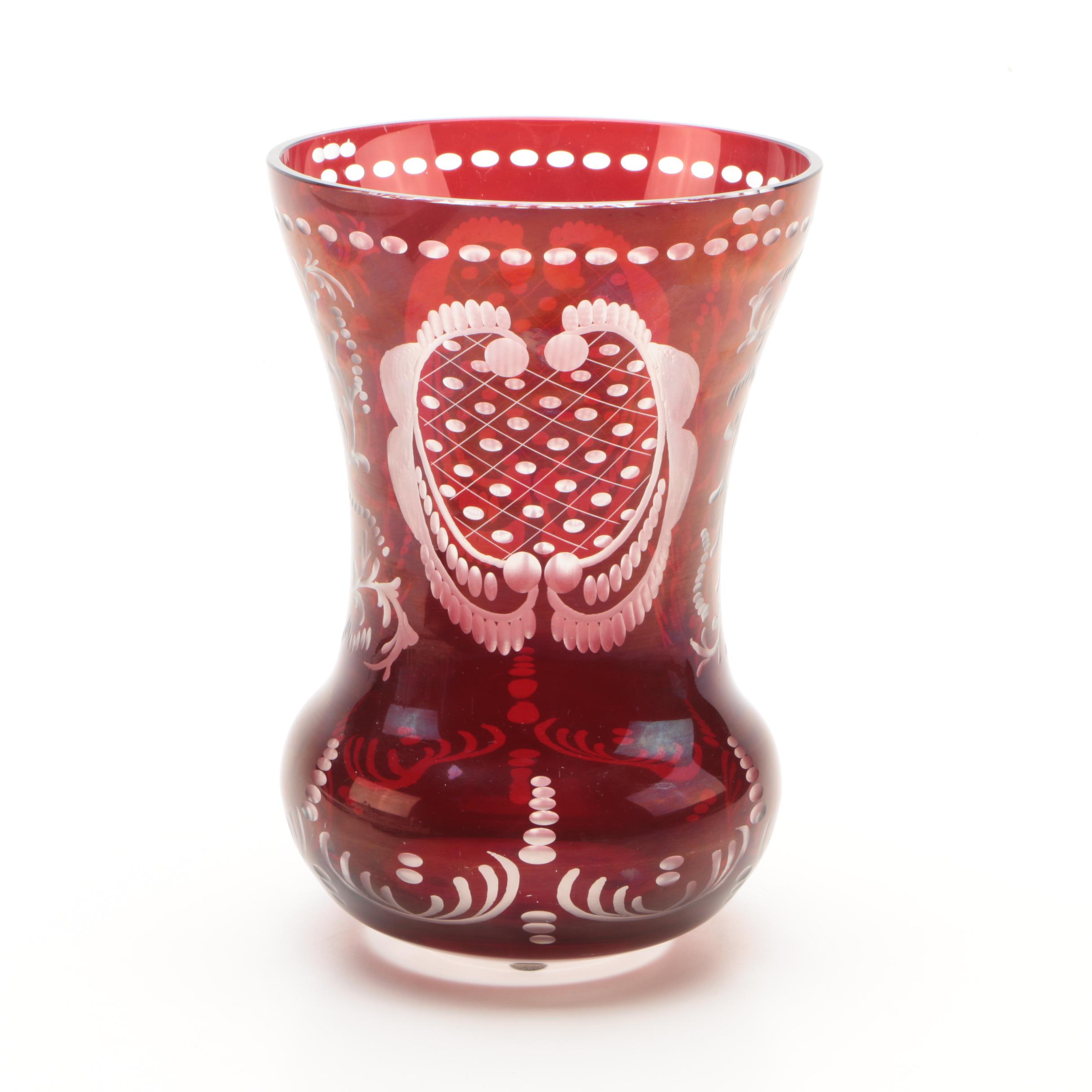 Bohemian Ruby Flashed Etched to Clear Vase