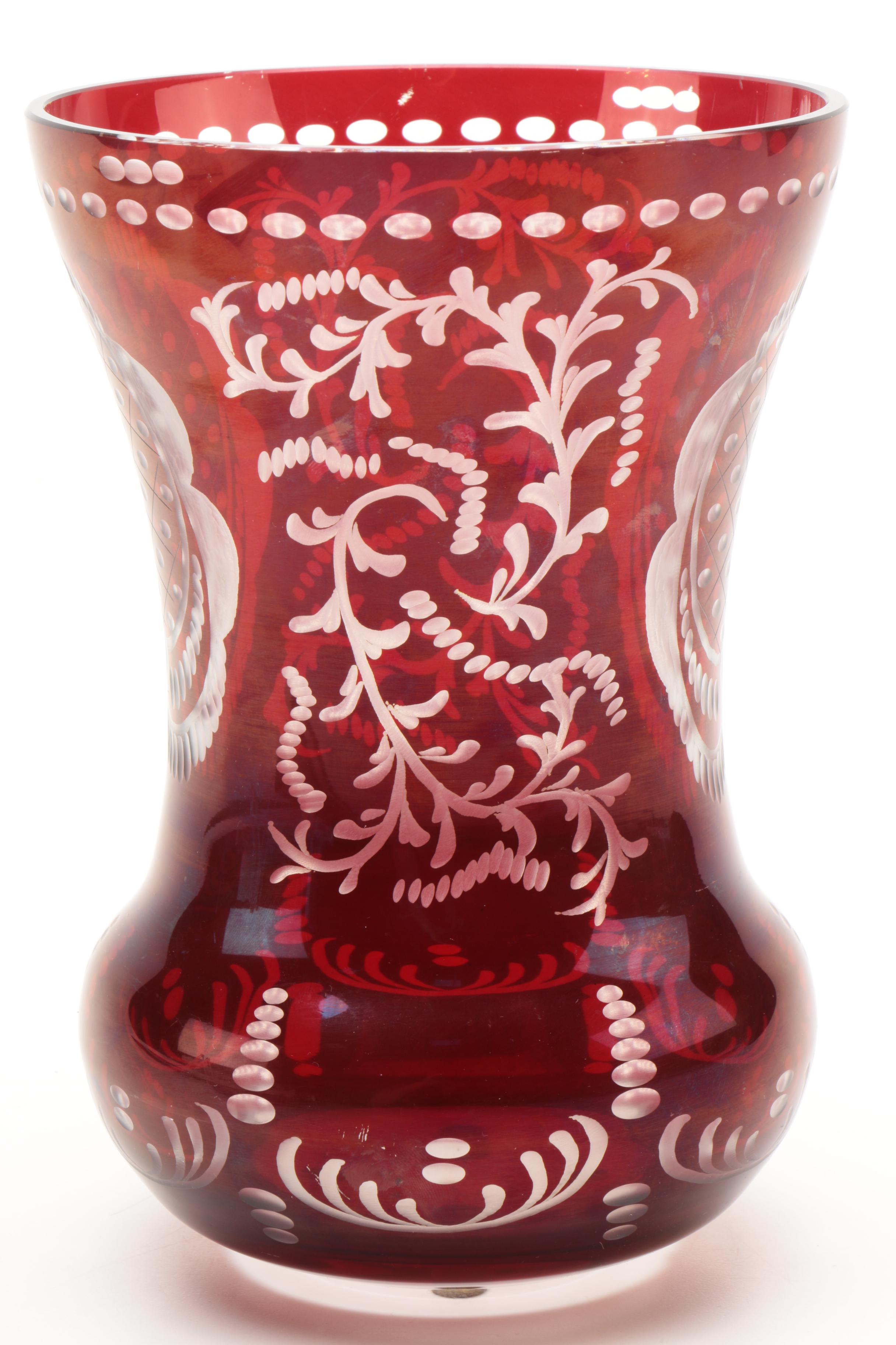 Bohemian Ruby Flashed Etched to Clear Vase