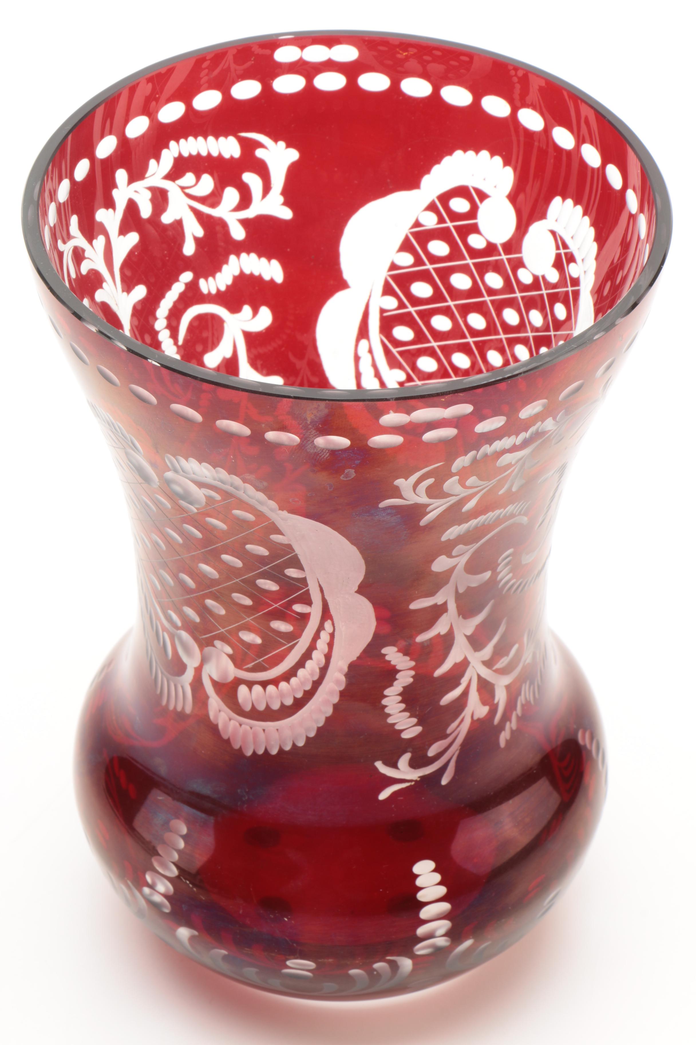 Bohemian Ruby Flashed Etched to Clear Vase