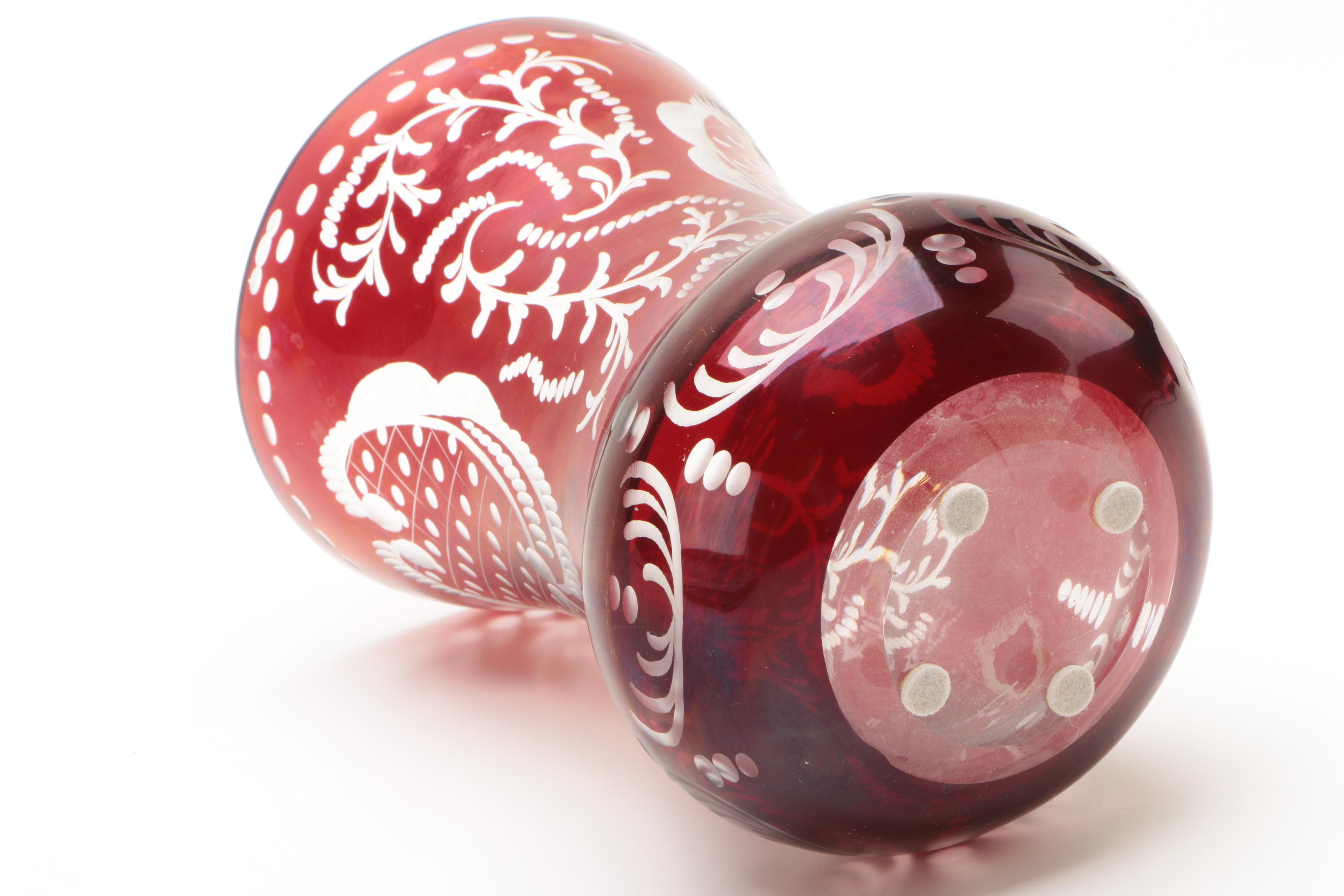 Bohemian Ruby Flashed Etched to Clear Vase