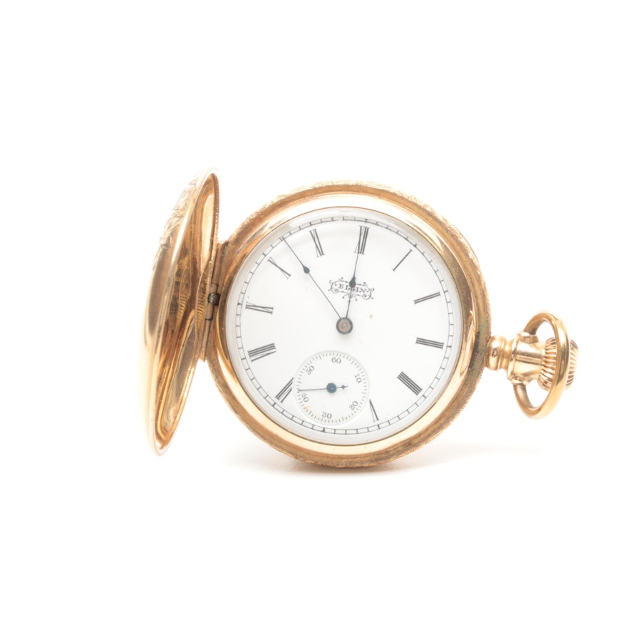 Elgin Gold-Filled White Dial Pocket Watch with Floral Design Case