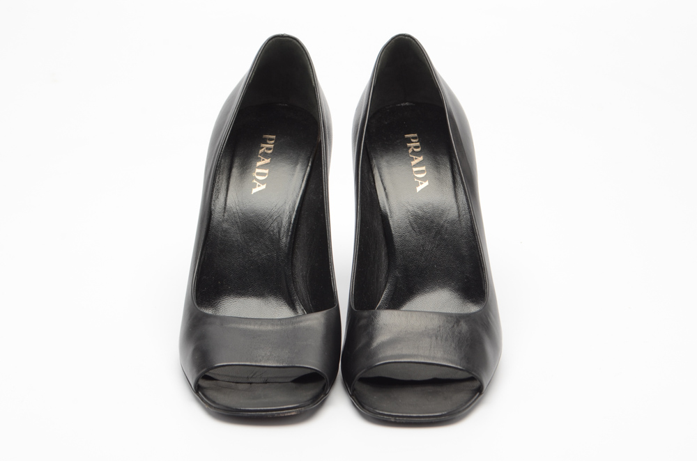 Prada Black Leather Open-Toe Pumps
