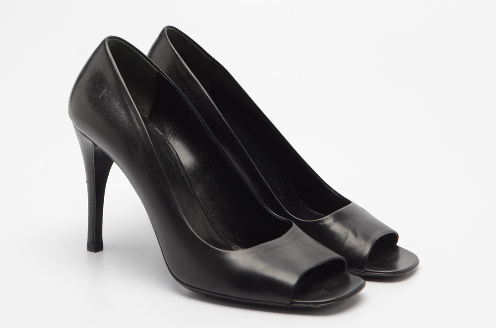 Prada Black Leather Open-Toe Pumps