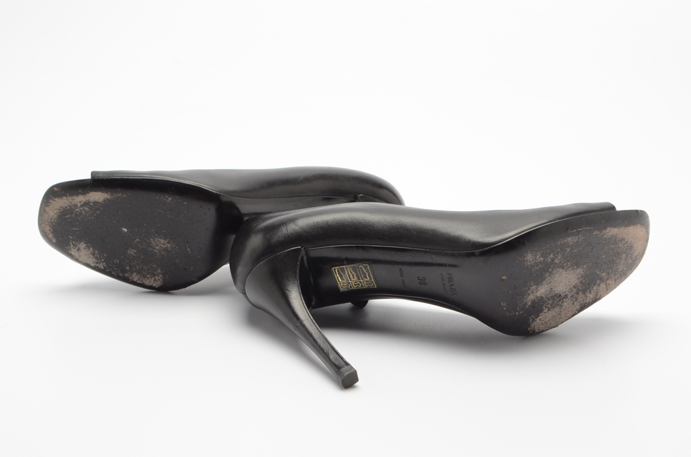 Prada Black Leather Open-Toe Pumps