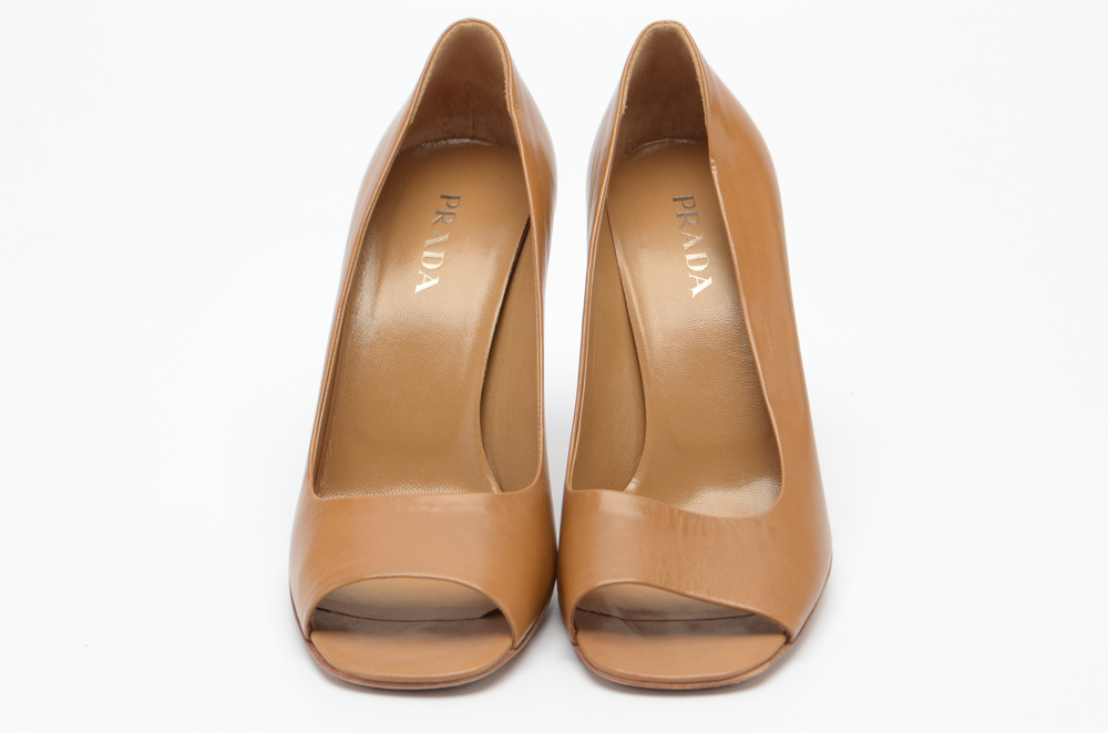 Prada Tan Leather Open-Toe Pumps
