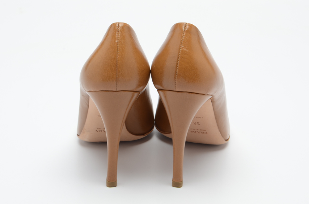 Prada Tan Leather Open-Toe Pumps