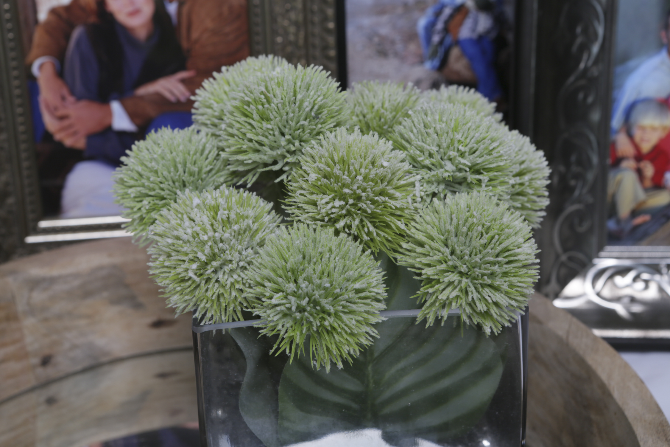 Metal Table Top Picture Frames with Vase, Tray, and Faux Arrangement
