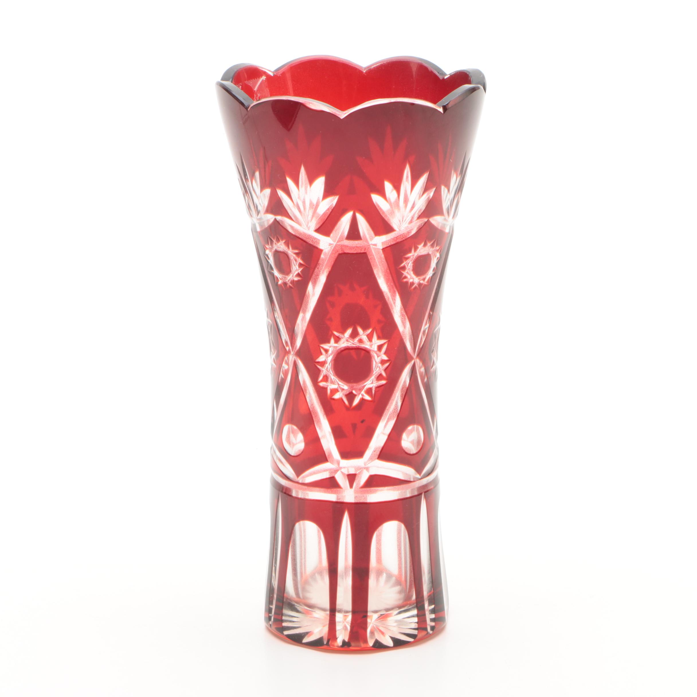 Bohemian Style Ruby Crystal Cased Cut to Clear Vase