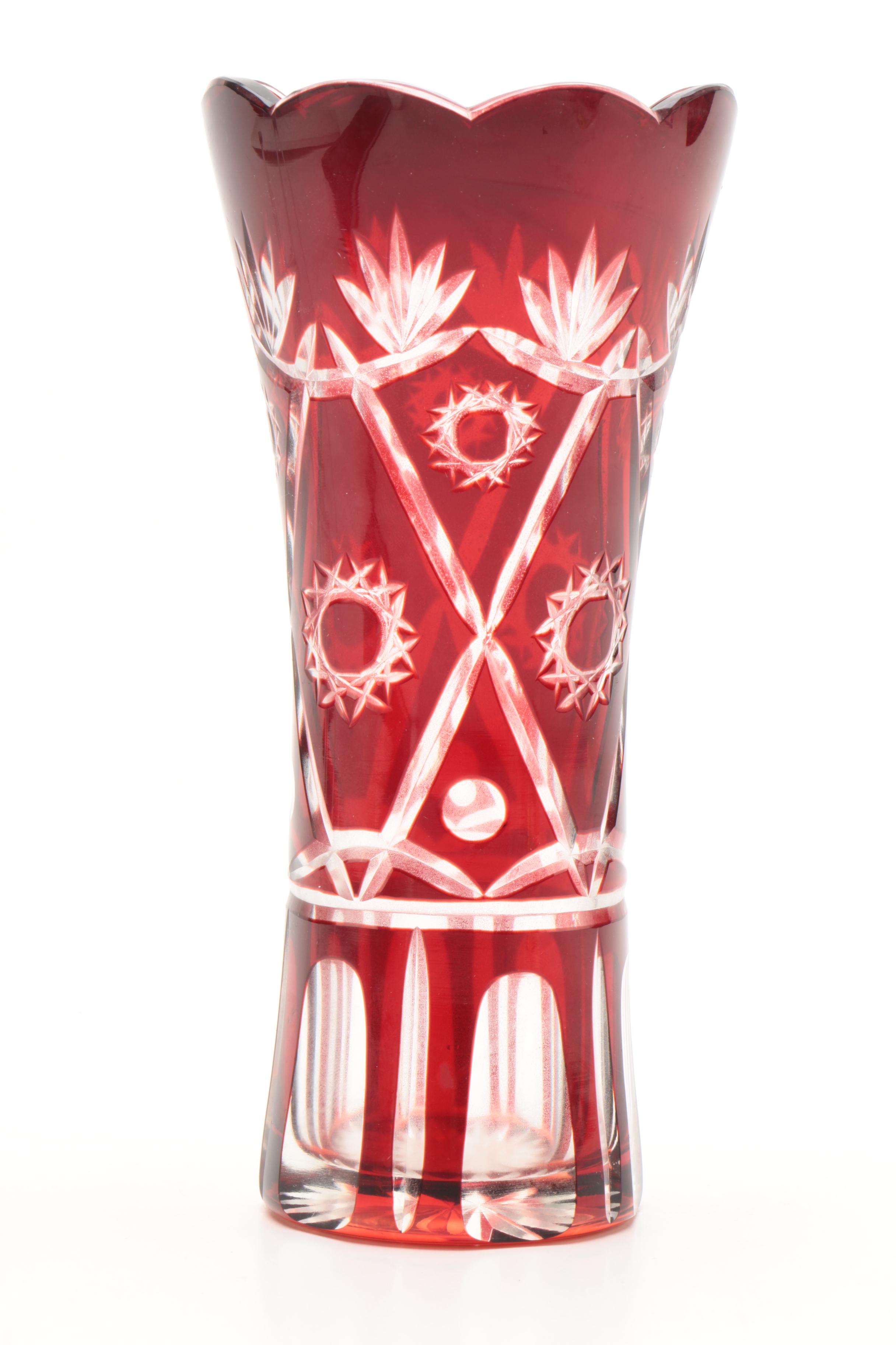 Bohemian Style Ruby Crystal Cased Cut to Clear Vase