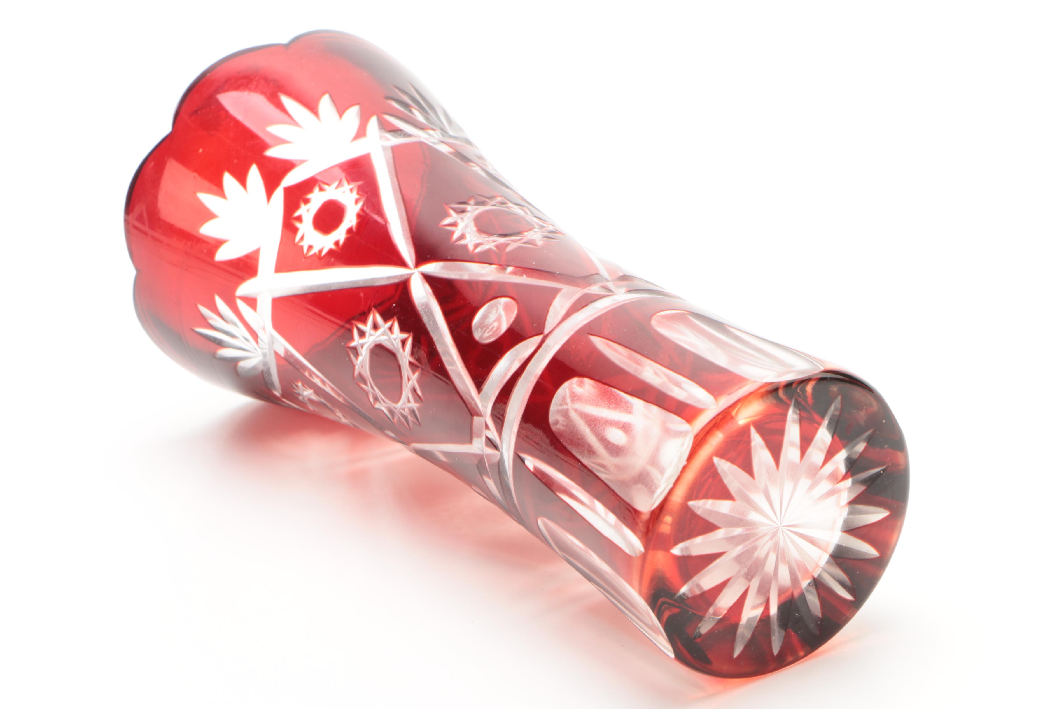 Bohemian Style Ruby Crystal Cased Cut to Clear Vase