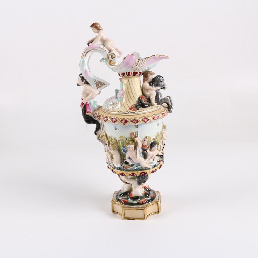 Capodimonte Style Porcelain Ewer with Figural Cherub Motif