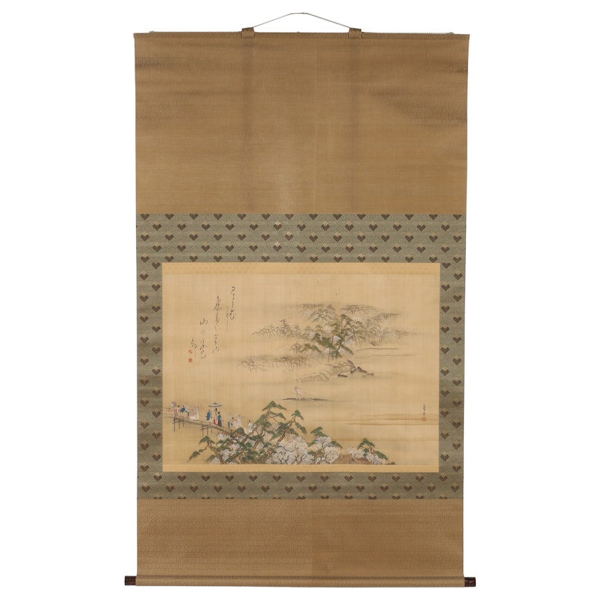 Japanese Ink and Gouache Hanging Scroll of Figures on Bridge