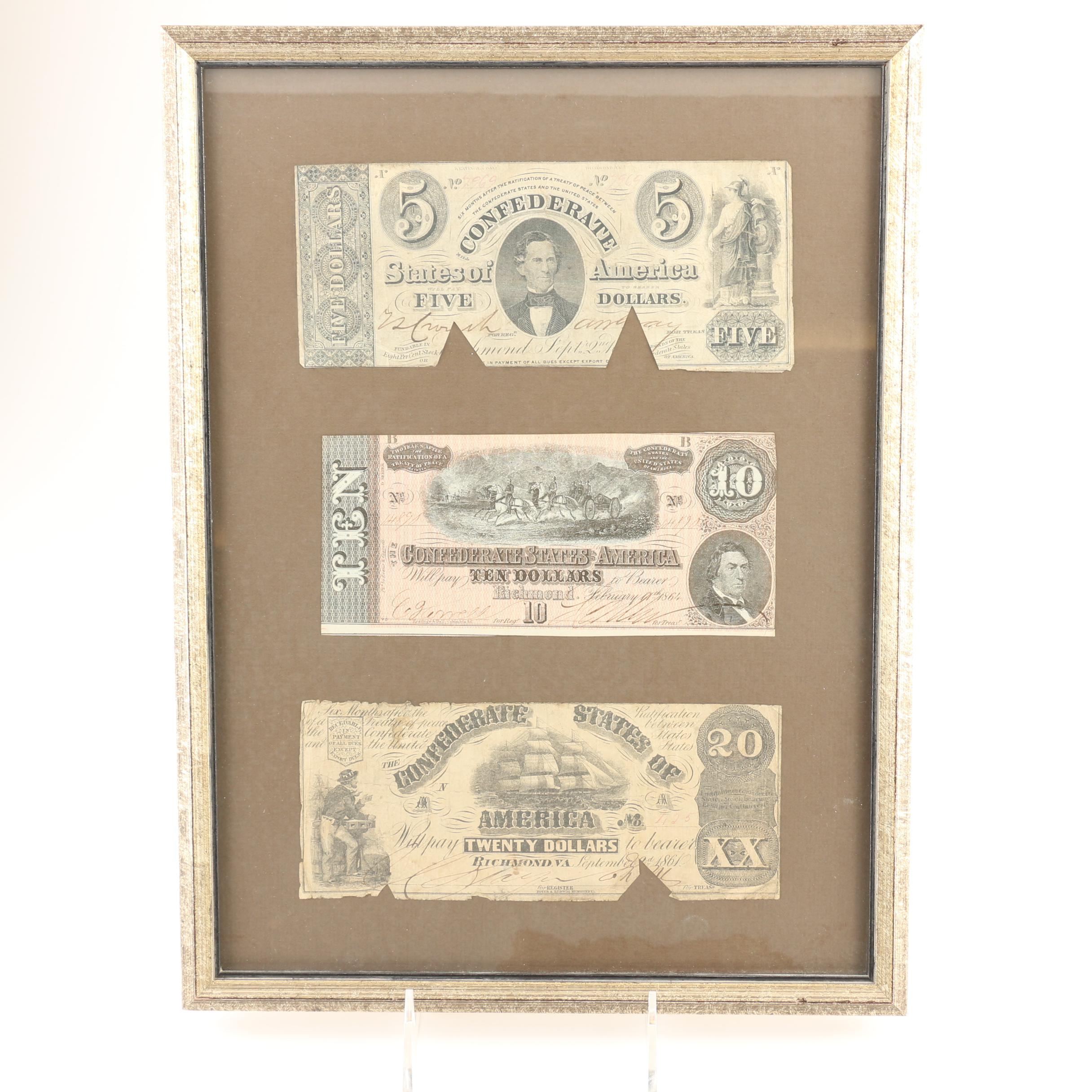 Framed Set of Antique Confederate Currency