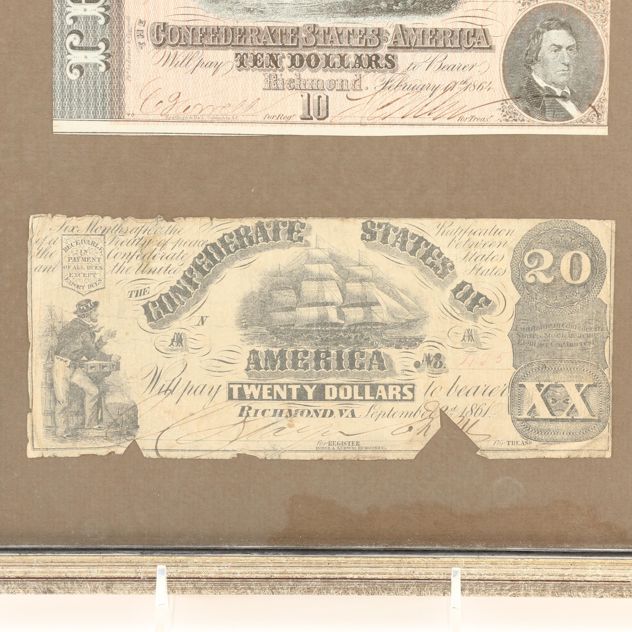 Framed Set of Antique Confederate Currency