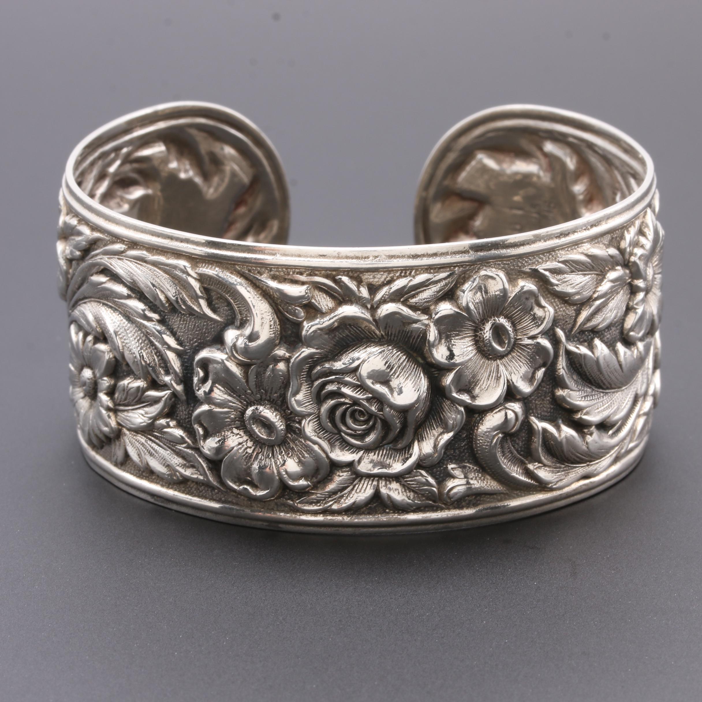 Antique S. Kirk & Son Sterling Silver Floral Repoussé Cuff Bracelet