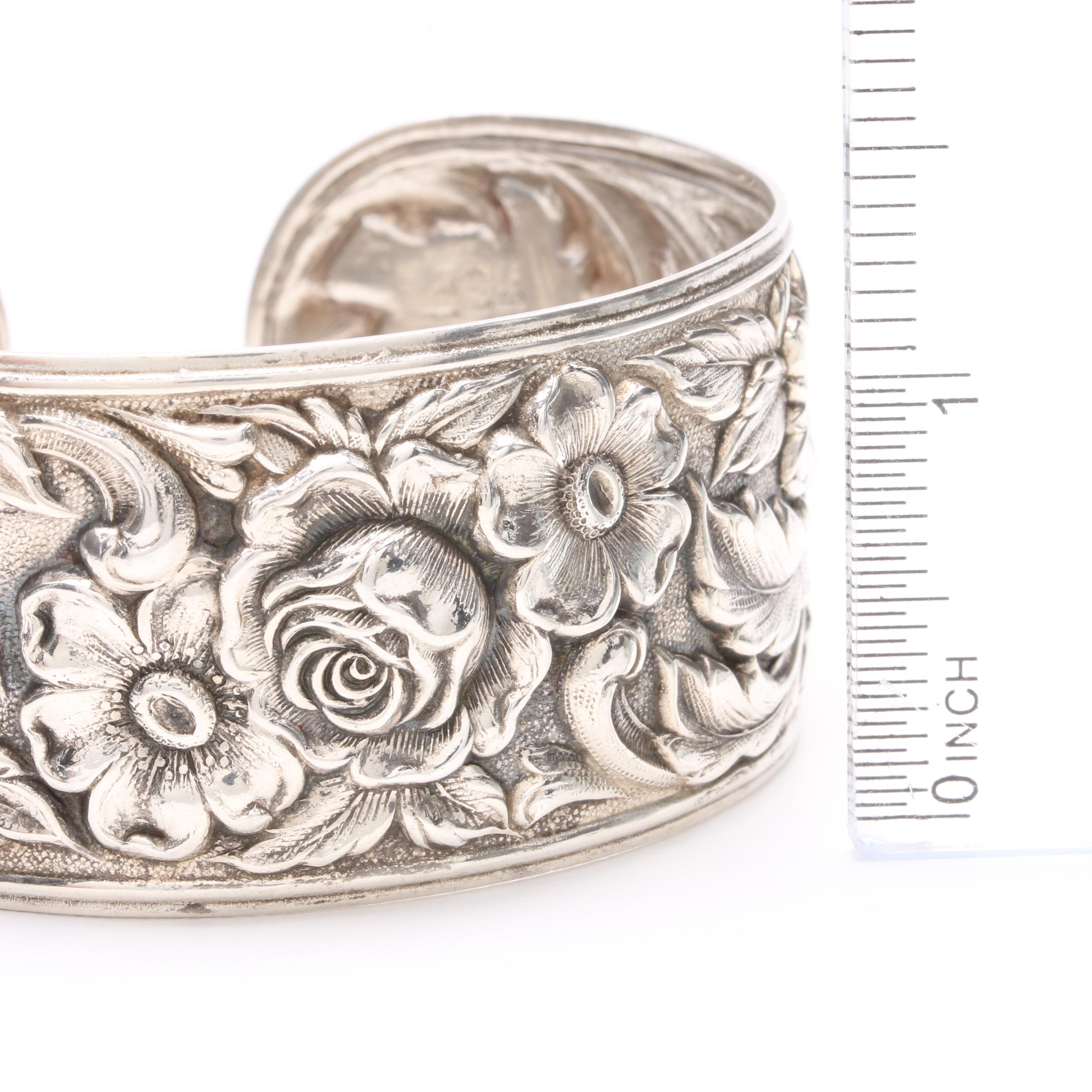 Antique S. Kirk & Son Sterling Silver Floral Repoussé Cuff Bracelet
