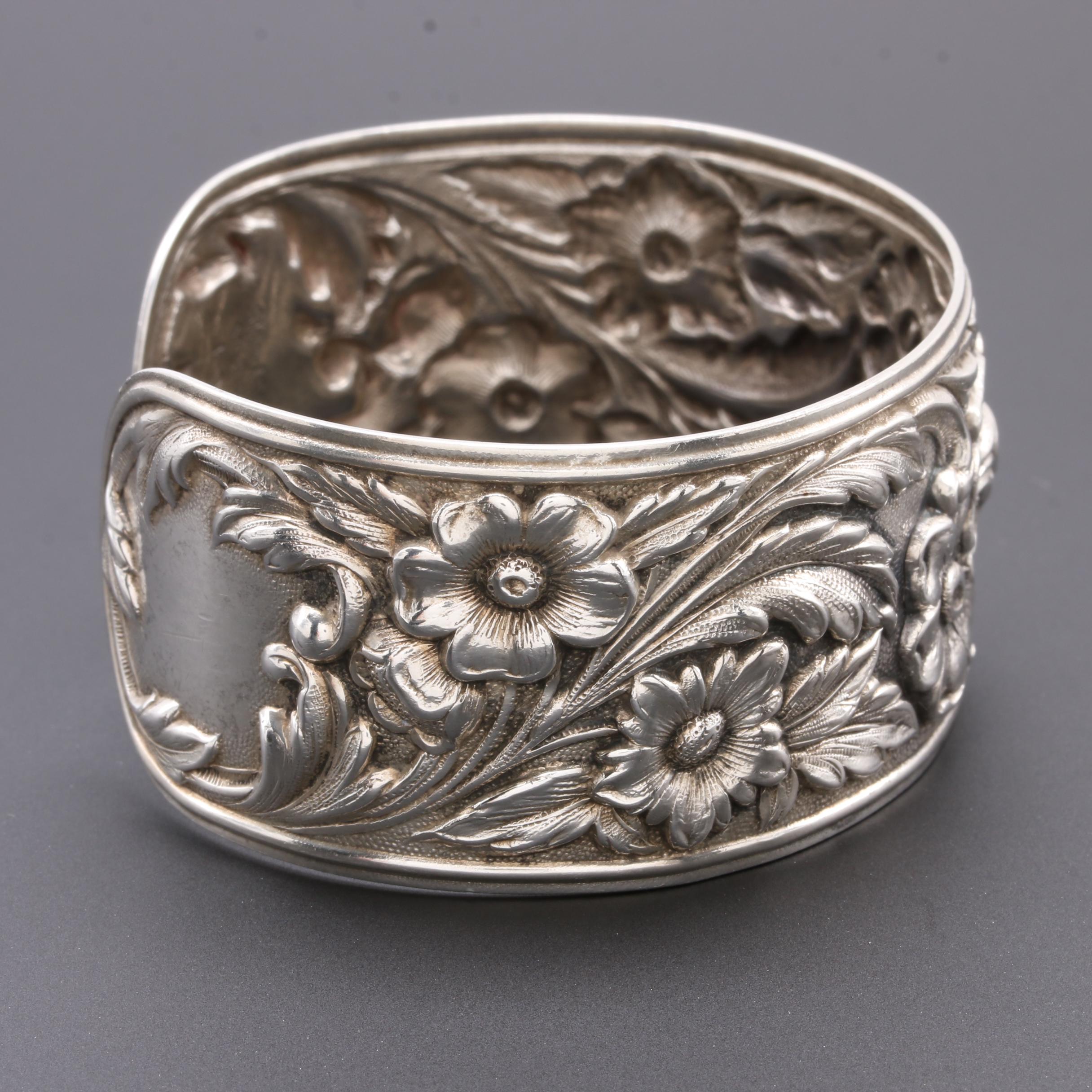 Antique S. Kirk & Son Sterling Silver Floral Repoussé Cuff Bracelet