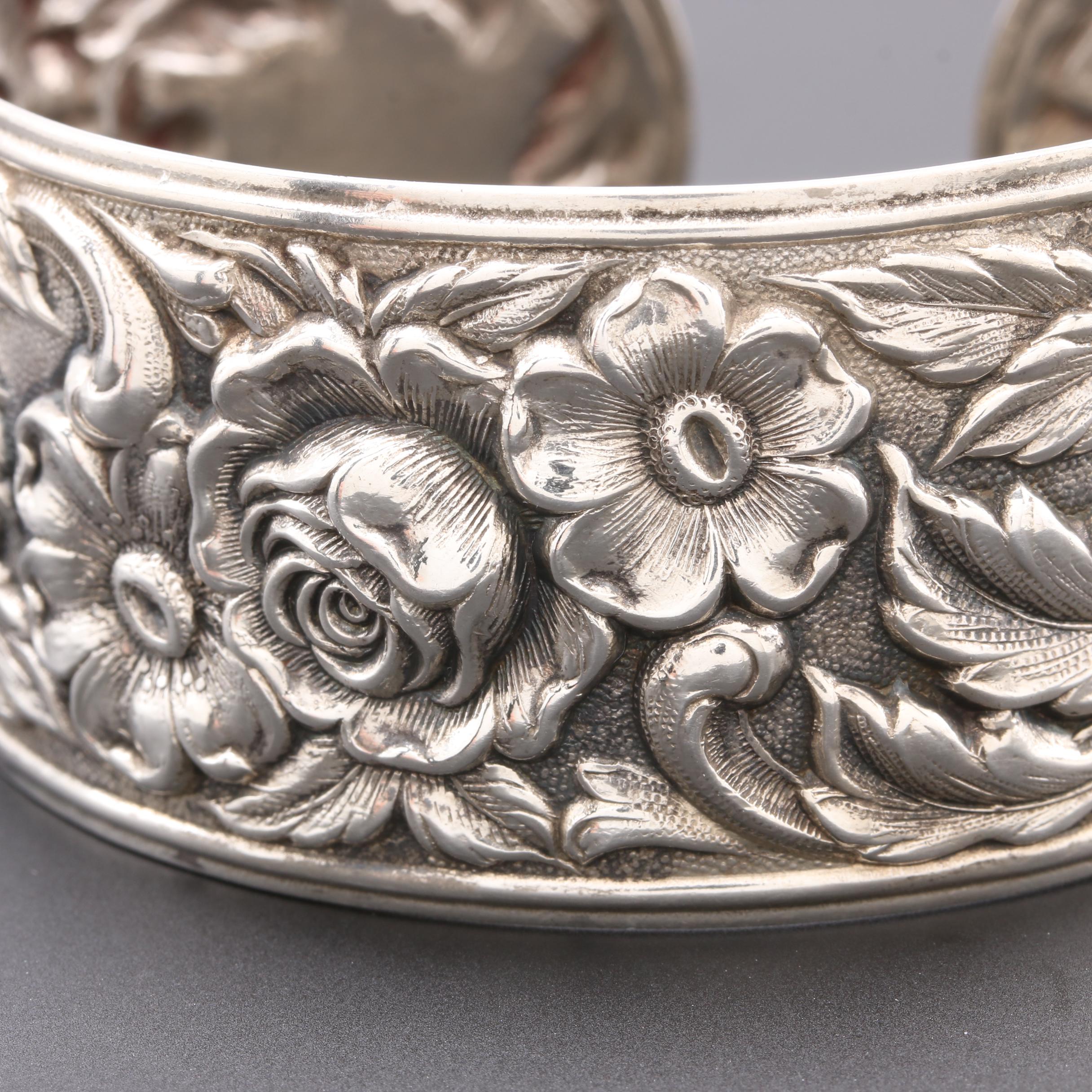 Antique S. Kirk & Son Sterling Silver Floral Repoussé Cuff Bracelet