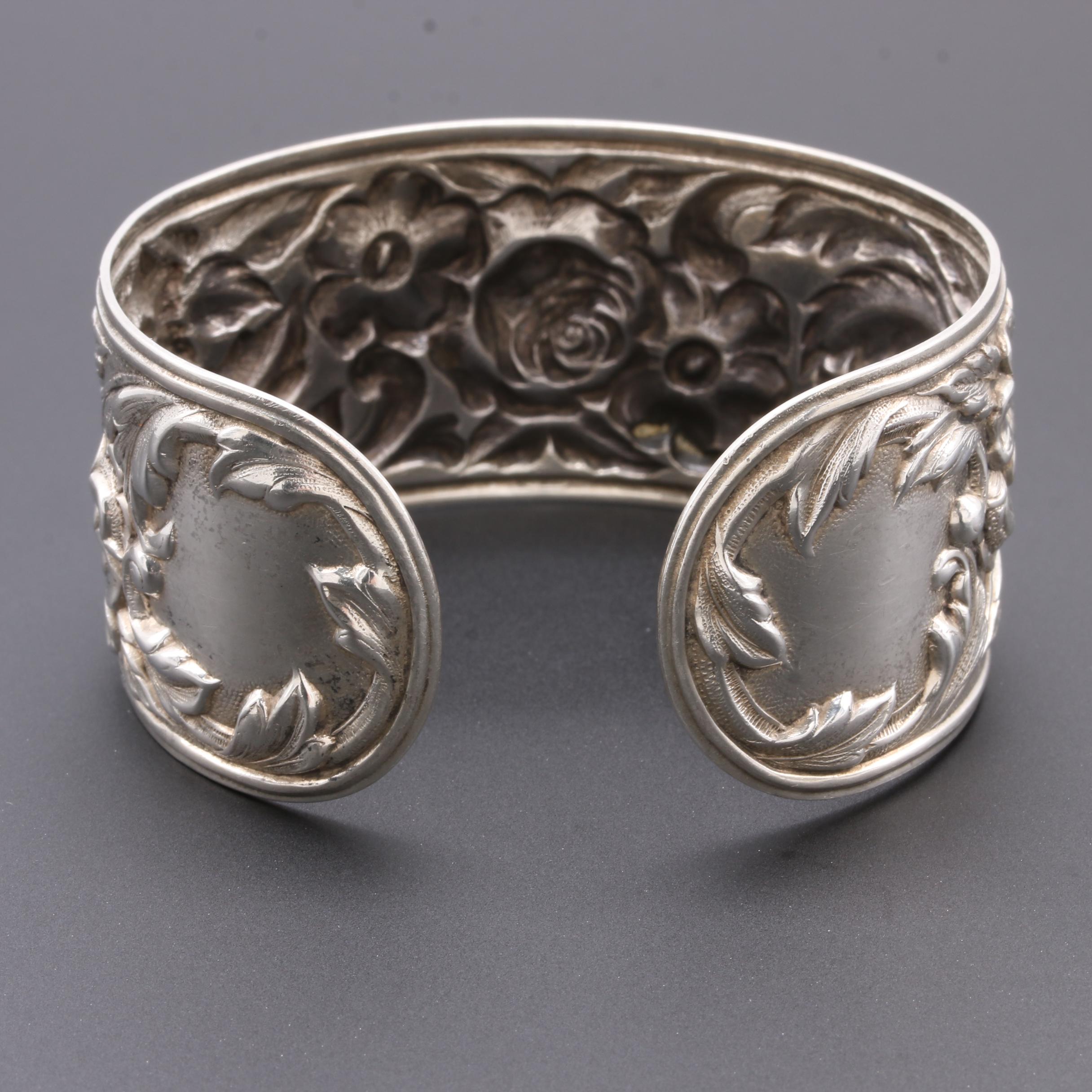 Antique S. Kirk & Son Sterling Silver Floral Repoussé Cuff Bracelet