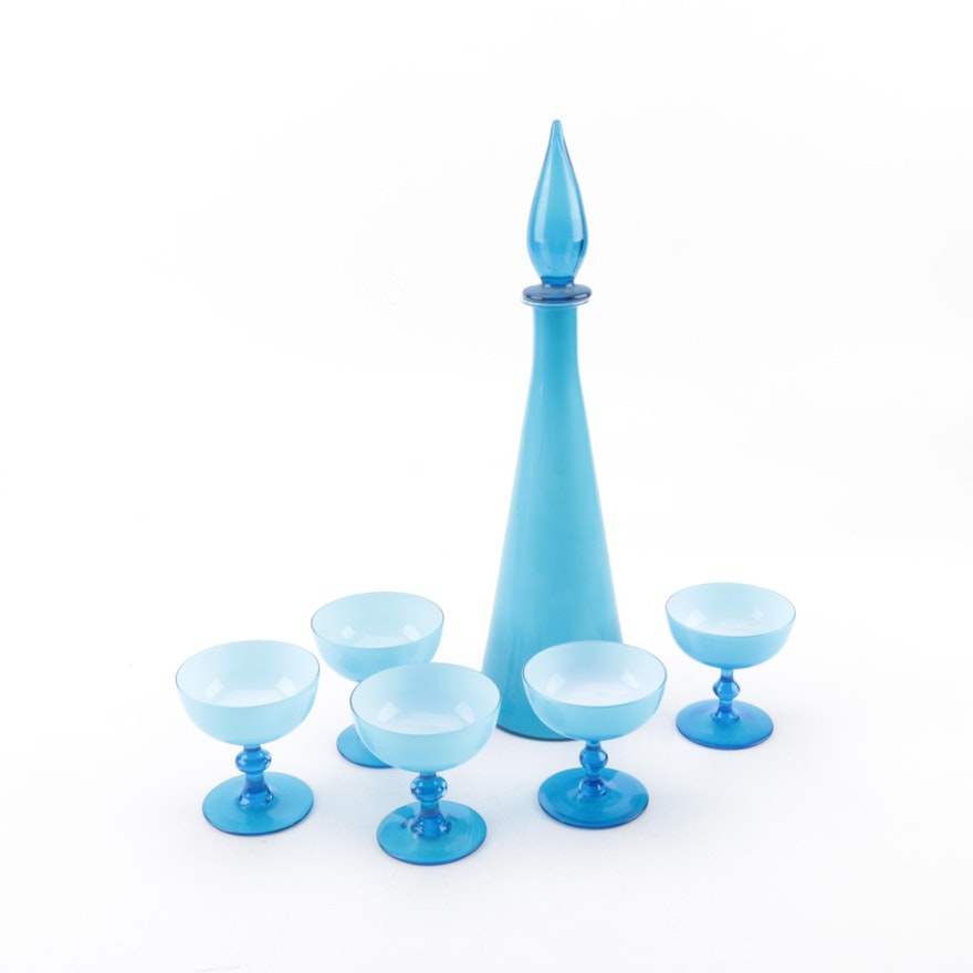 Vintage Blue Opaline Decanter and Champagne Coupes